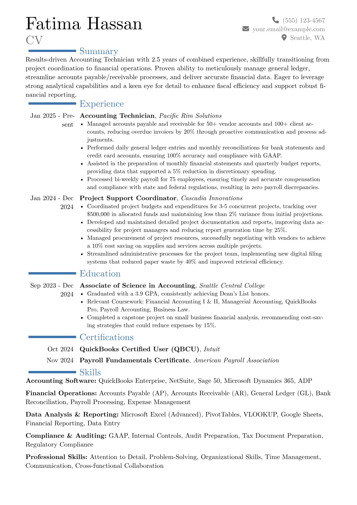 Accounting Technician resume example, Career changer, page 1