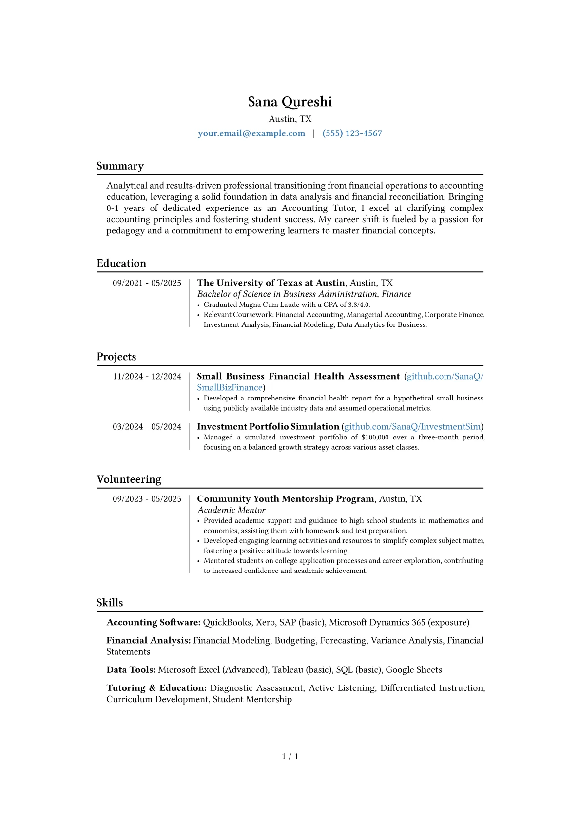 Accounting Tutor resume example, Career changer, page 1