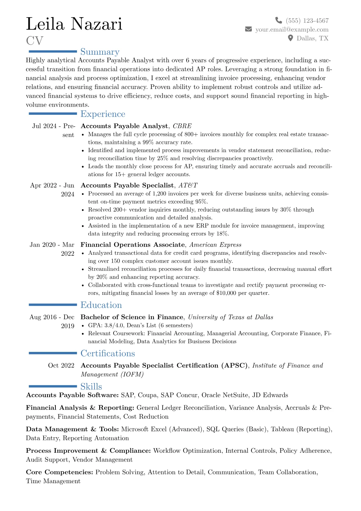 Accounts Payable Analyst resume example, Career changer, page 1