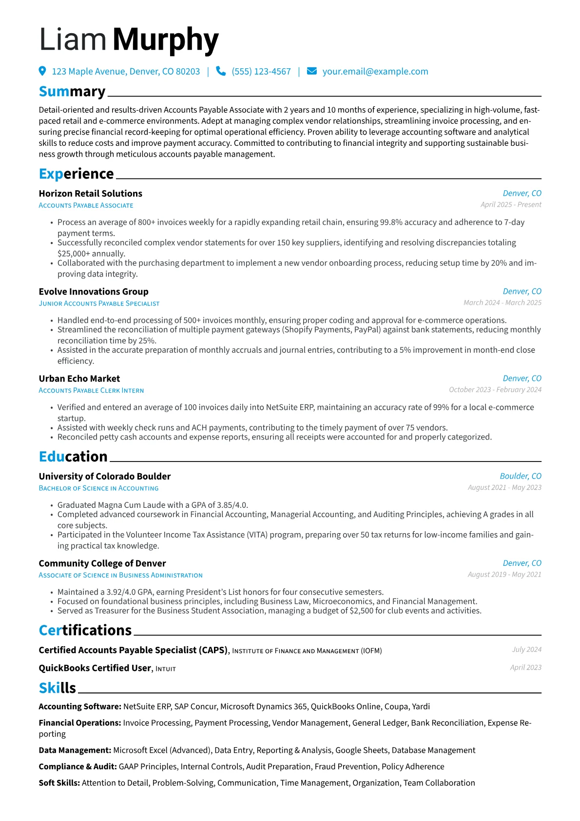Accounts Payable Associate resume example, AP Associate, page 1