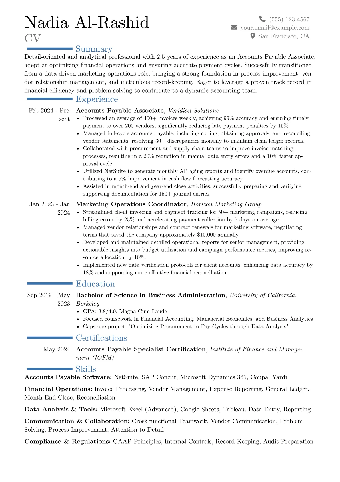 Accounts Payable Associate resume example, Career changer, page 1