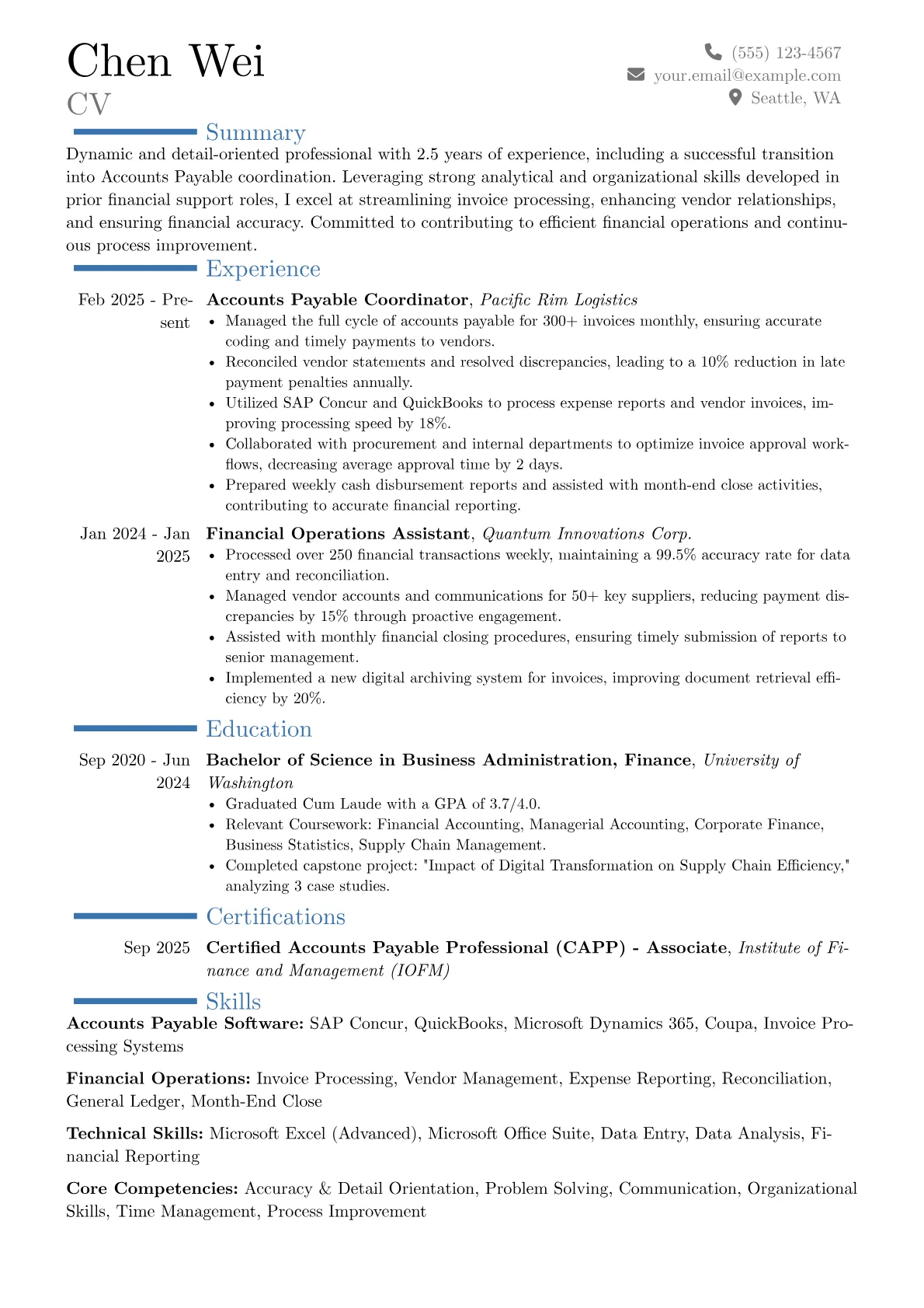 Accounts Payable Coordinator resume example, Career changer, page 1