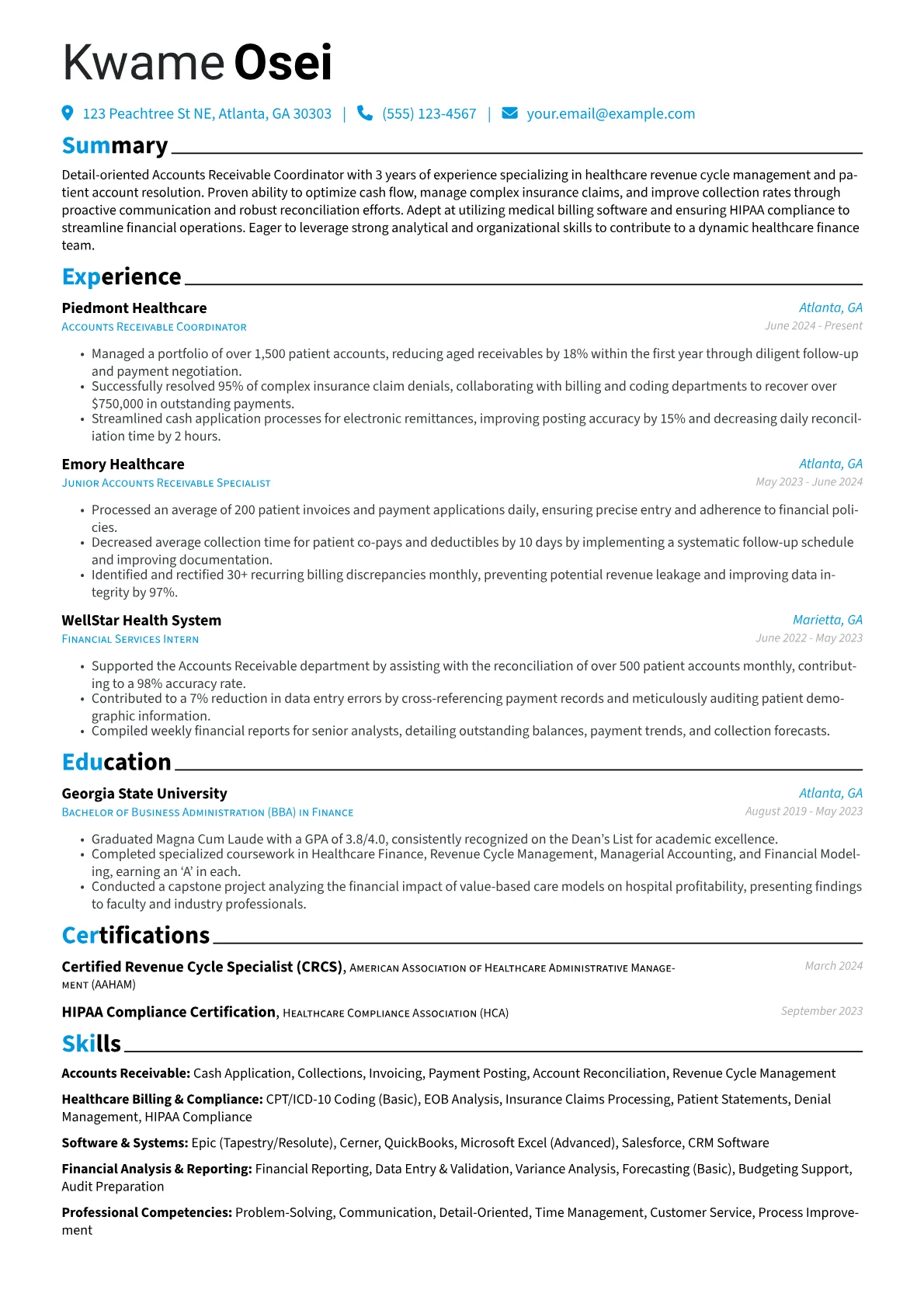 Accounts Receivable Coordinator resume example, Healthcare-focused, page 1