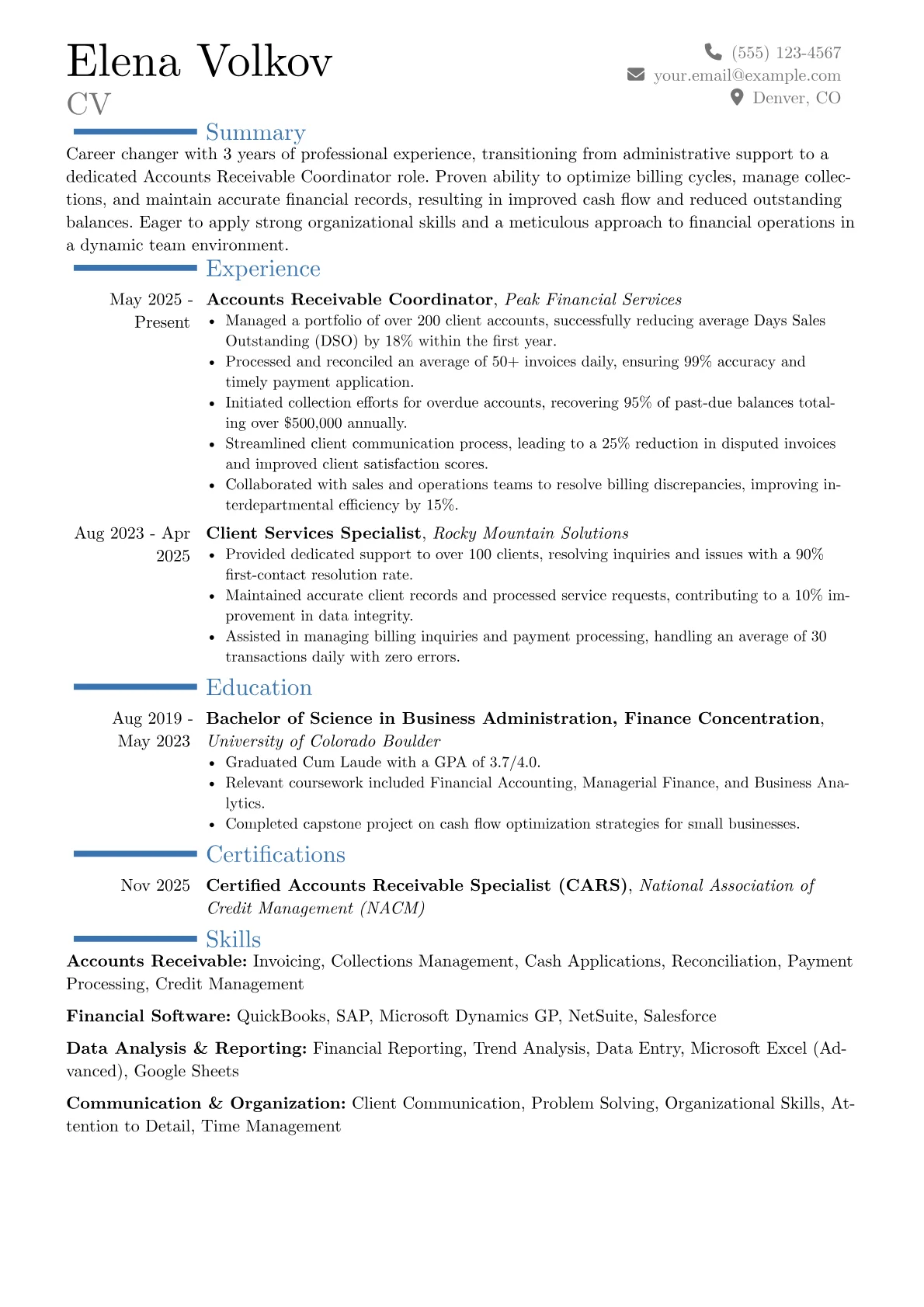 Accounts Receivable Coordinator resume example, Career changer, page 1