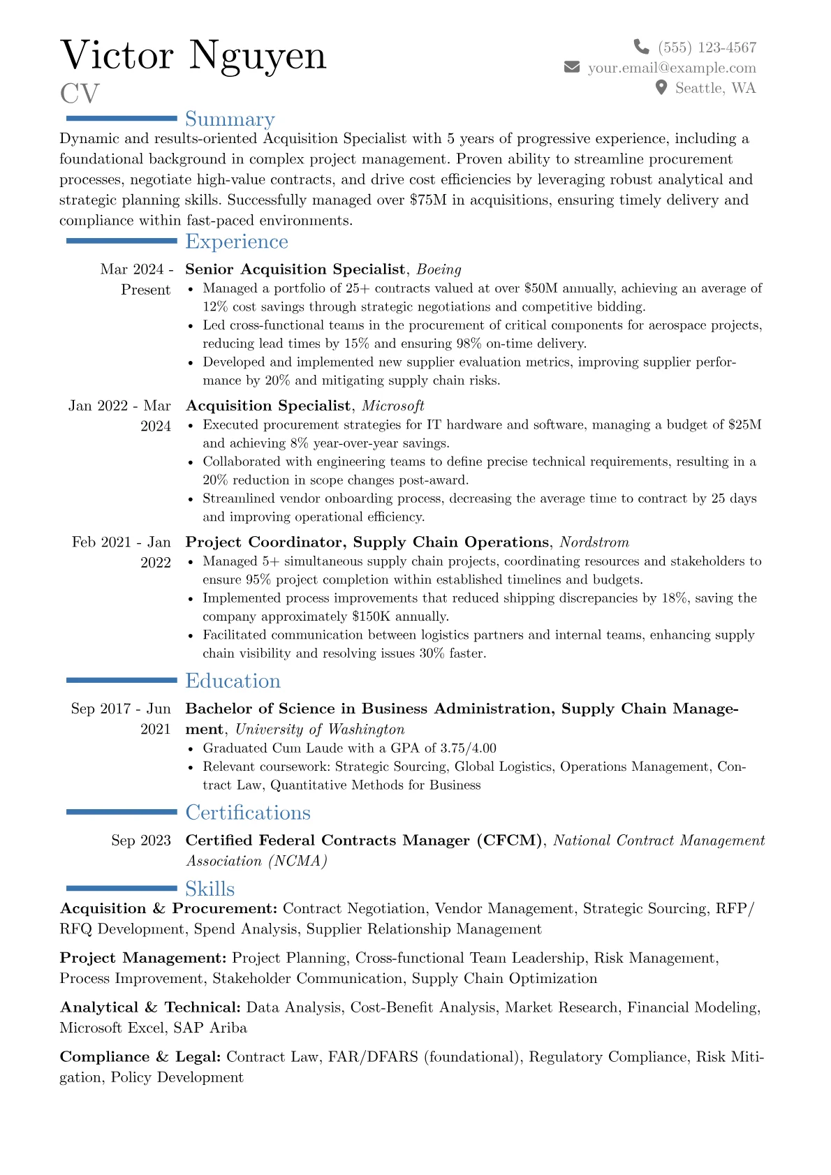 Acquisition Specialist resume example, Career changer, page 1