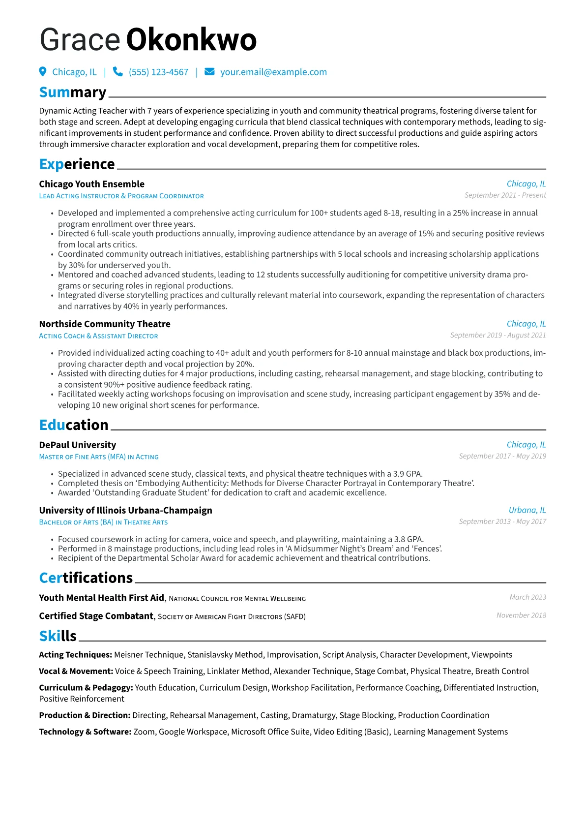 Acting Teacher resume example, Acting Teacher - Youth, page 1