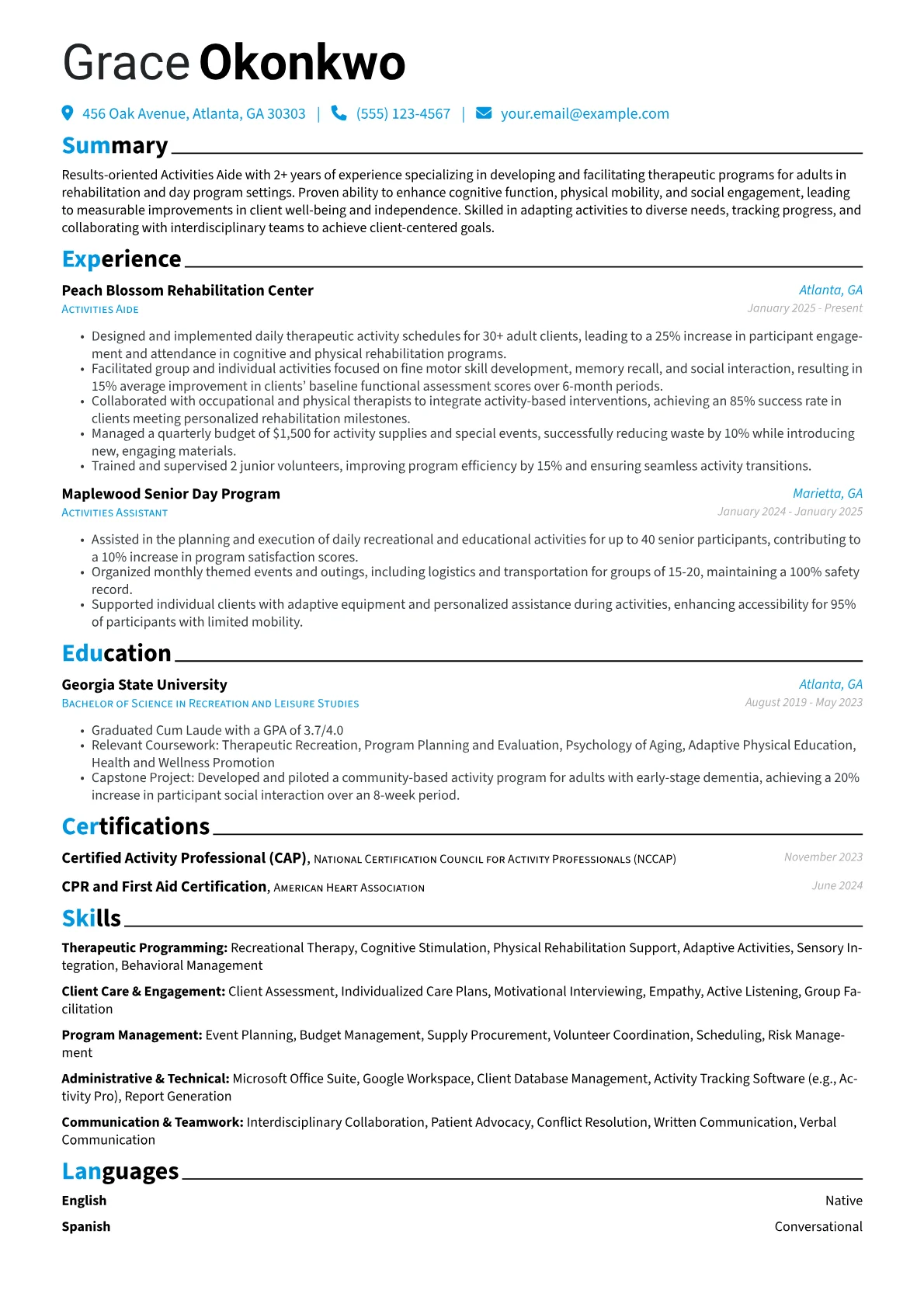 Activities Aide resume example, Activities Aide, page 1