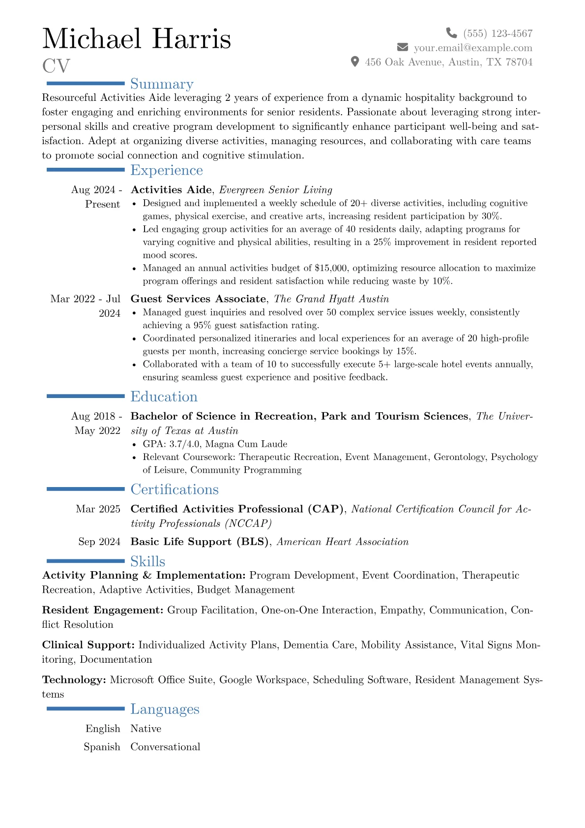 Activities Aide resume example, Career changer, page 1