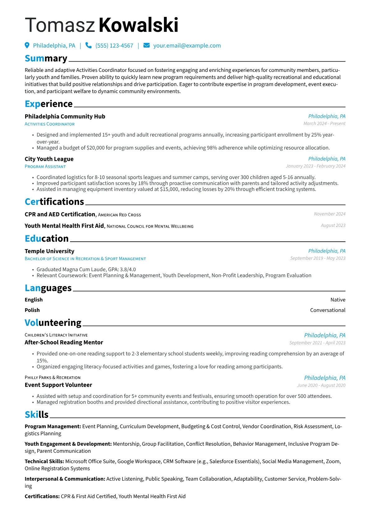 Activities Coordinator resume example, Activities Coordinator, page 1