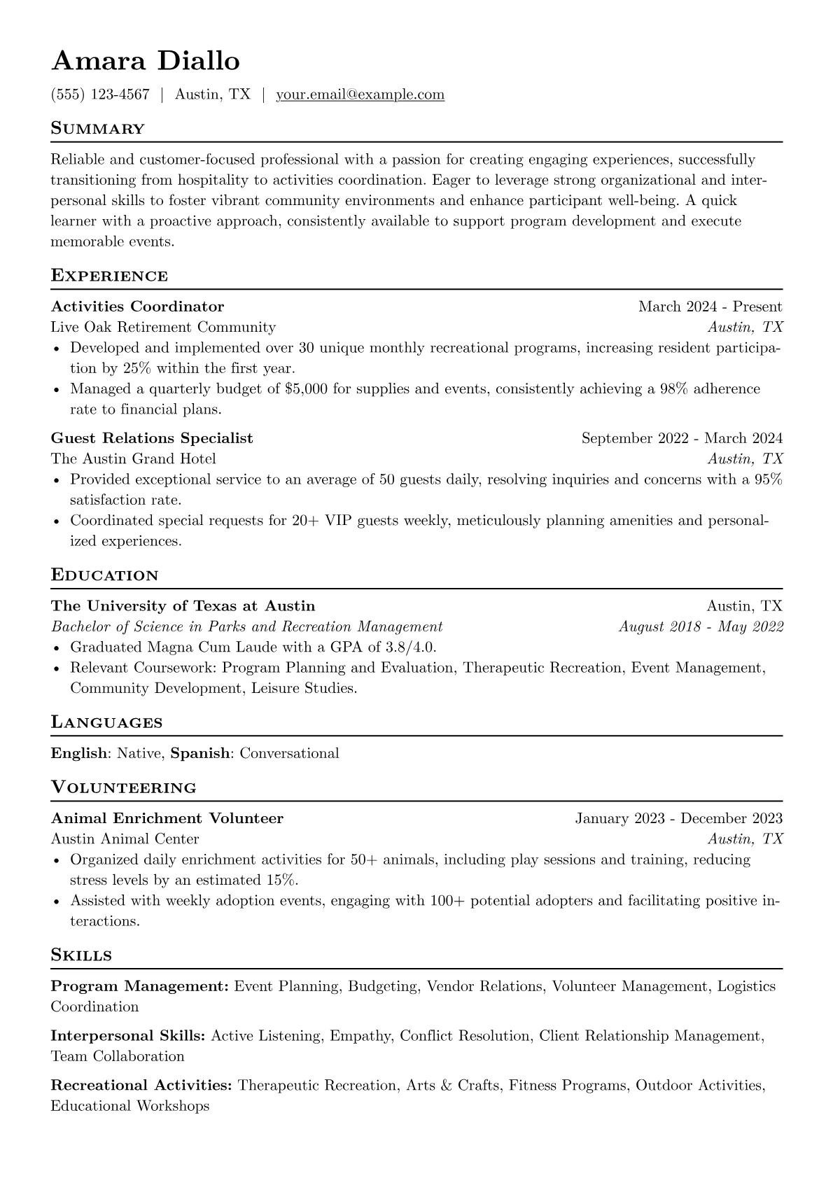 Activities Coordinator resume example, Career changer, page 1
