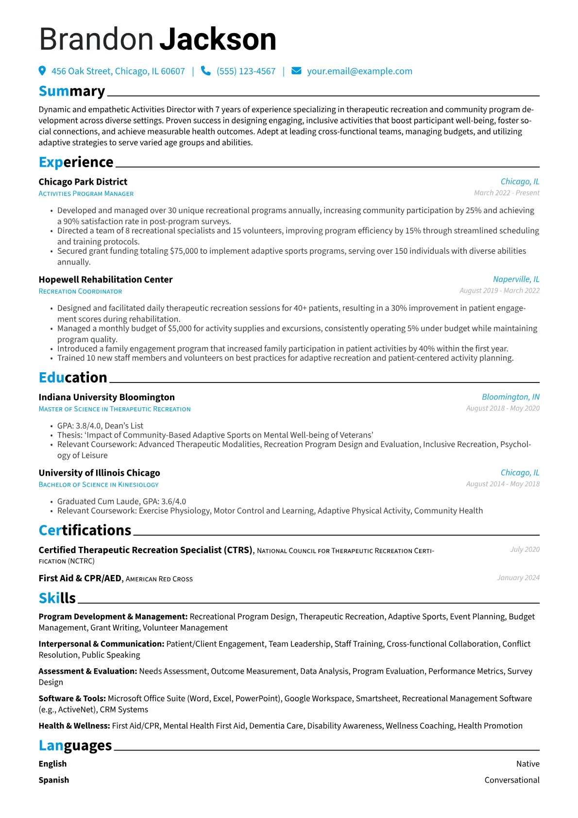 Activities Director resume example, Activities Director, page 1