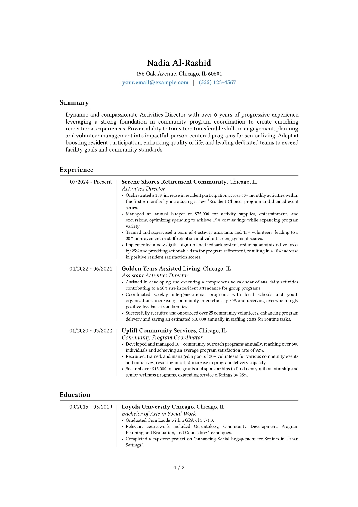 Activities Director resume example, Career changer, page 1