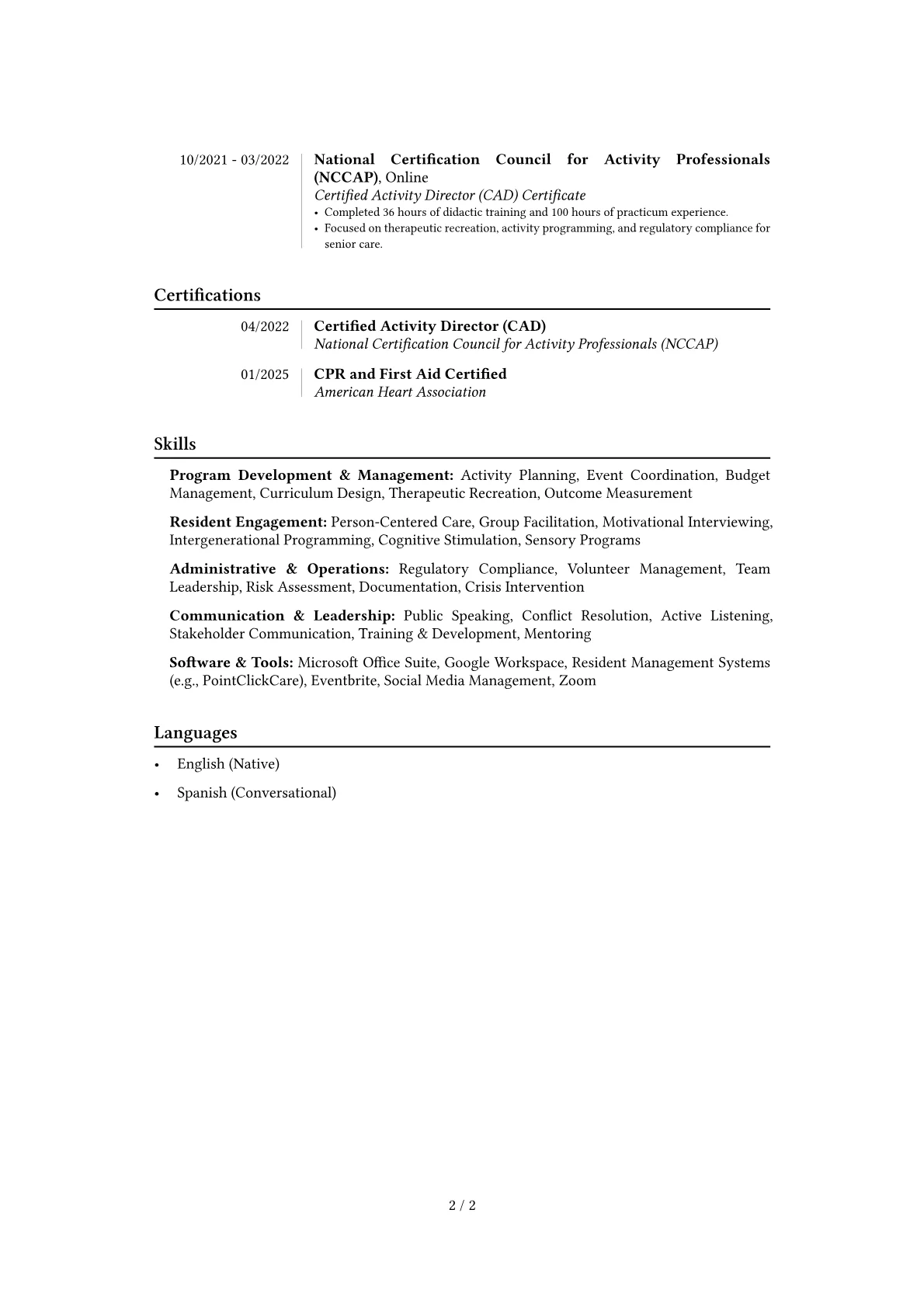 Activities Director resume example, Career changer, page 2