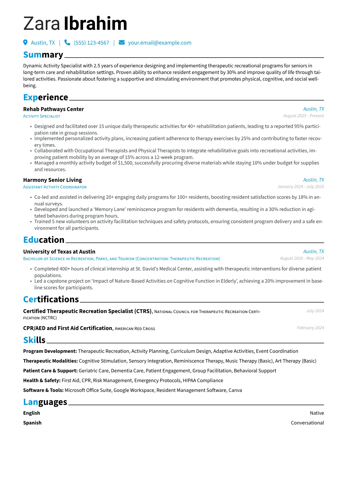 Activity Specialist resume example, Senior Care Specialist, page 1