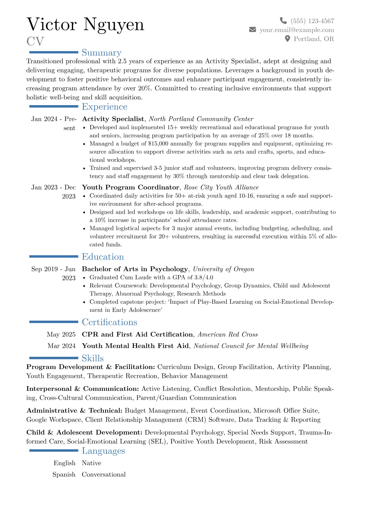 Activity Specialist resume example, Career changer, page 1