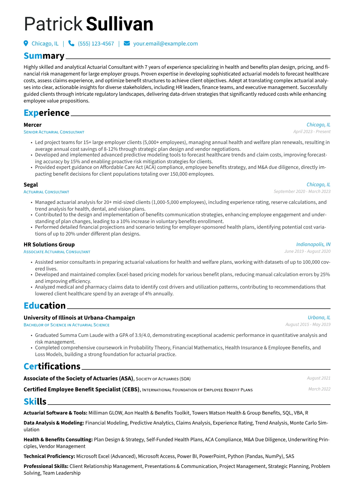 Actuarial Consultant resume example, Health & Benefits, page 1
