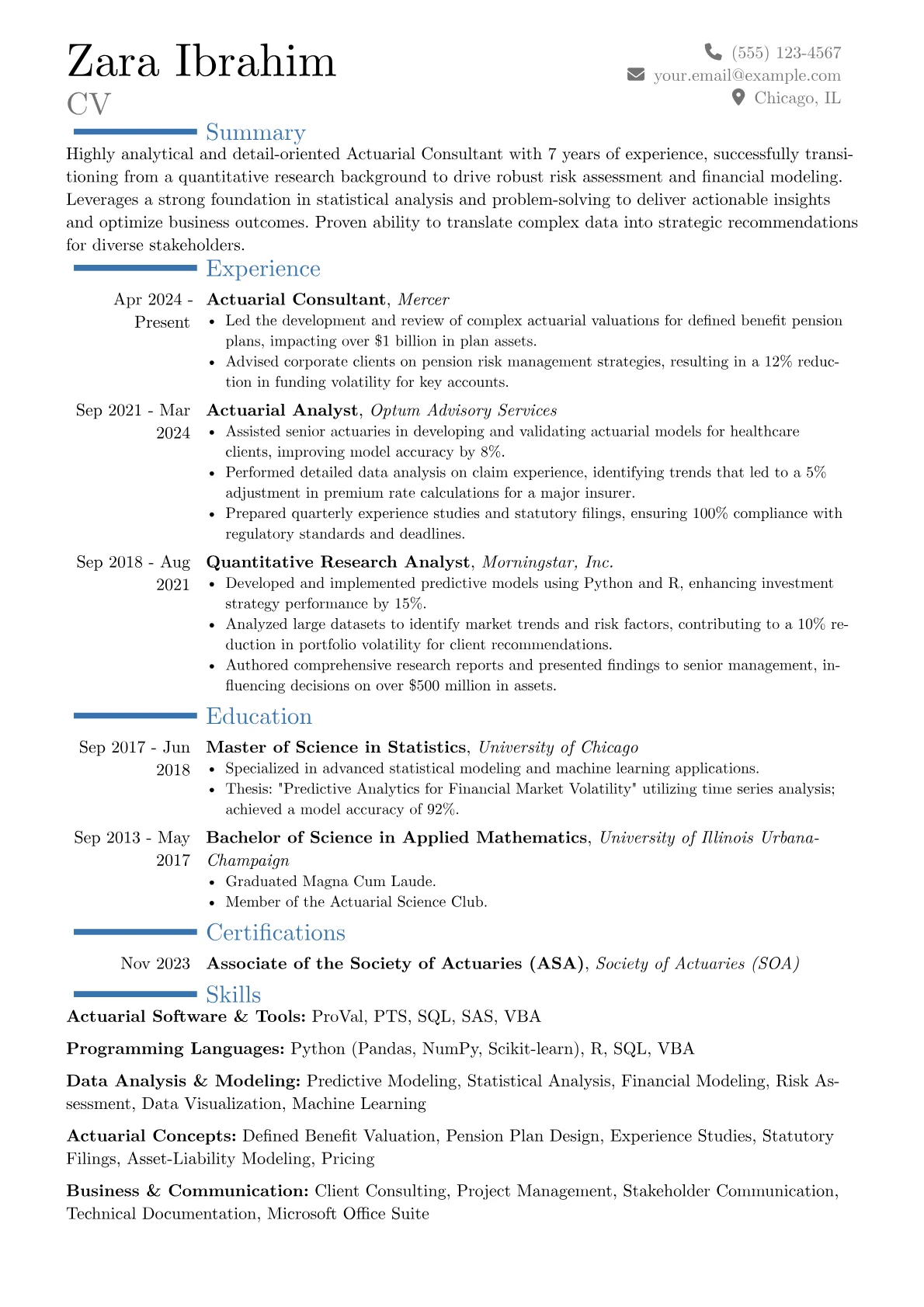 Actuarial Consultant resume example, Career changer, page 1