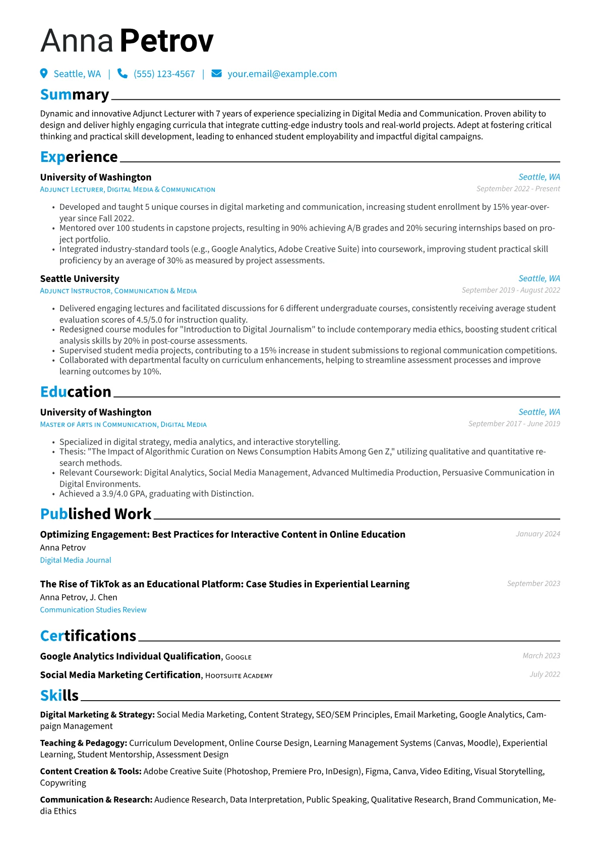 Adjunct Lecturer resume example, Adjunct Lecturer - Digital, page 1