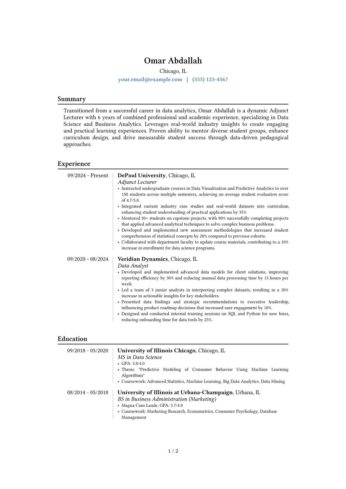 Adjunct Lecturer resume example, Career changer, page 1