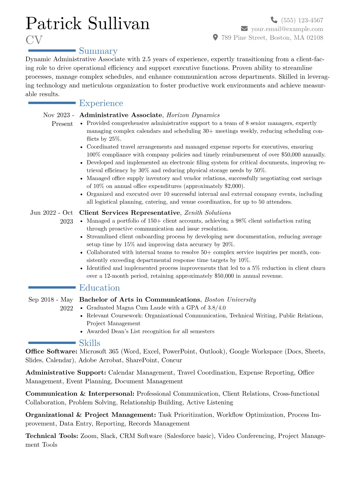 Administrative Associate resume example, Career changer, page 1