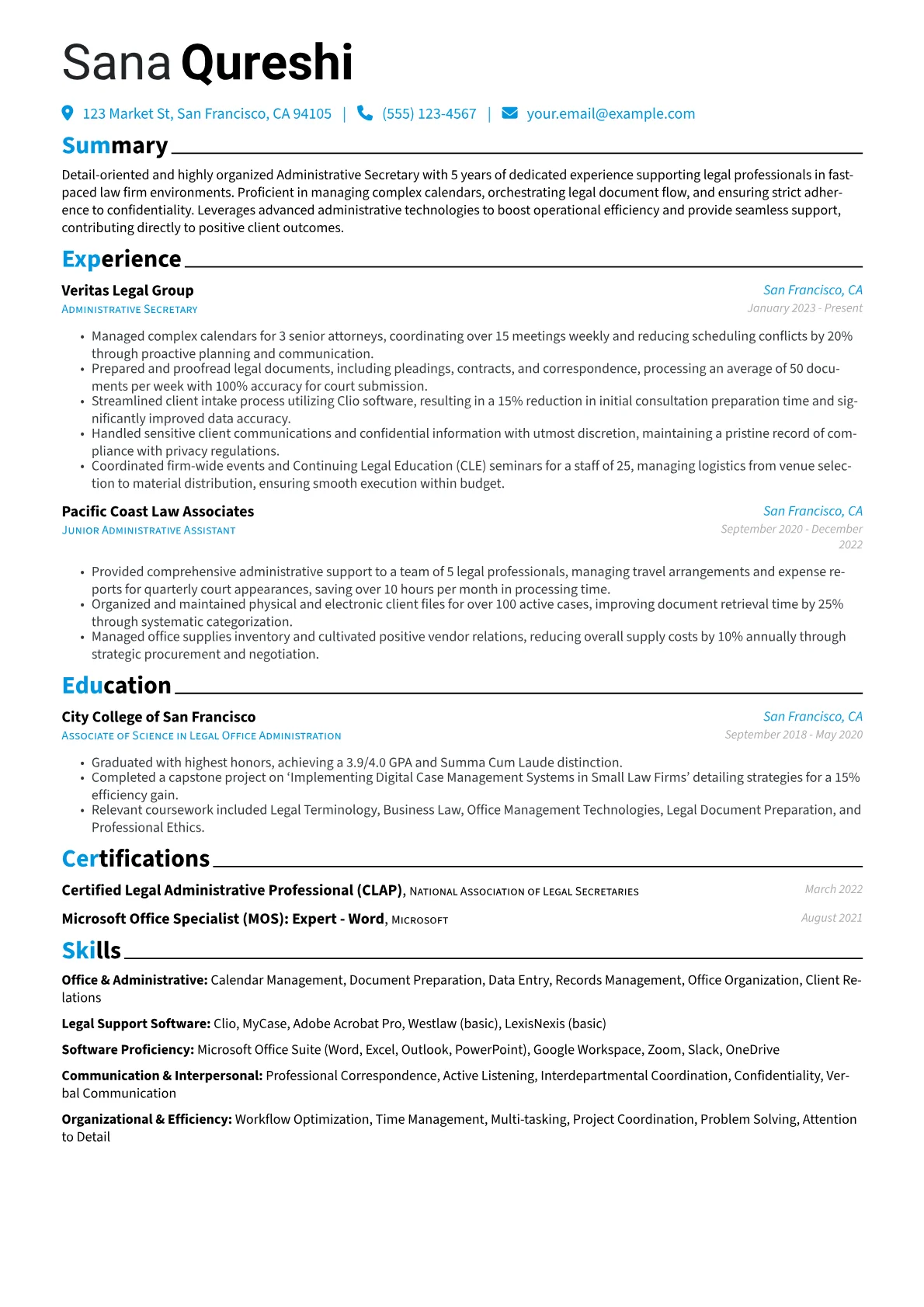 Administrative Secretary resume example, Administrative Secretary, page 1