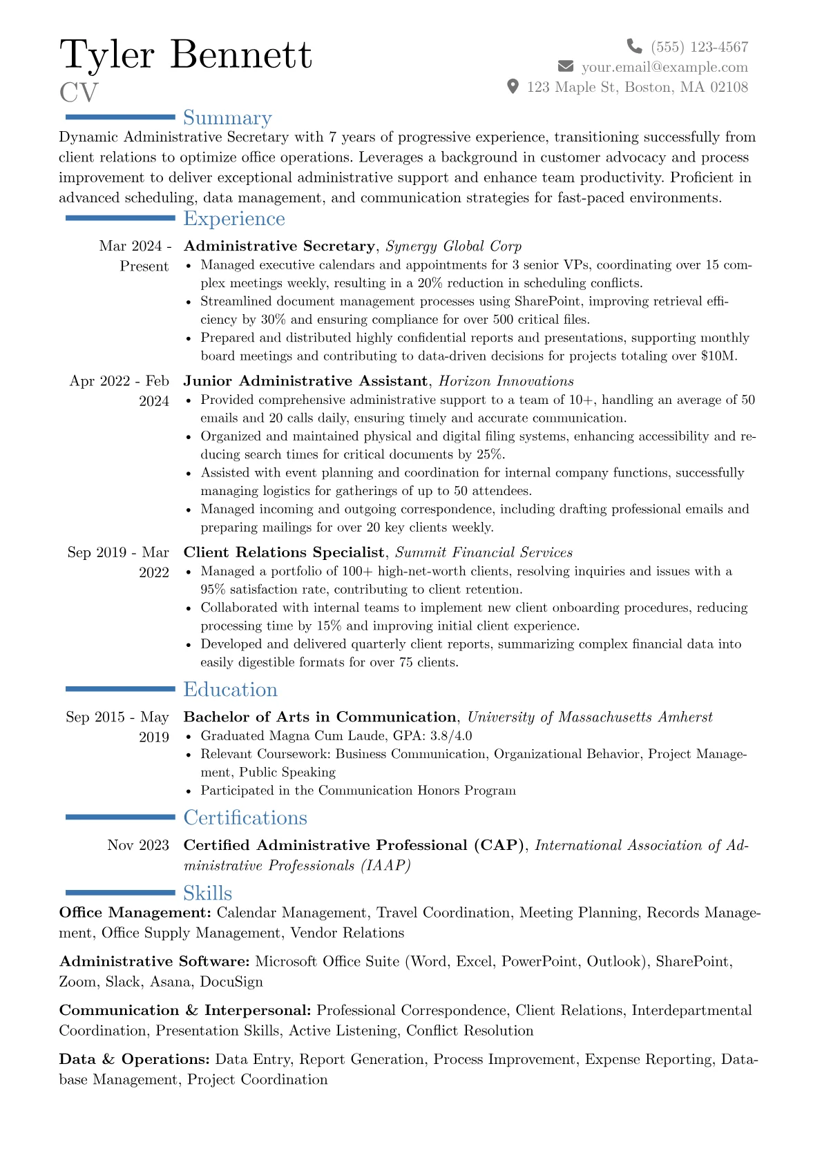 Administrative Secretary resume example, Career changer, page 1