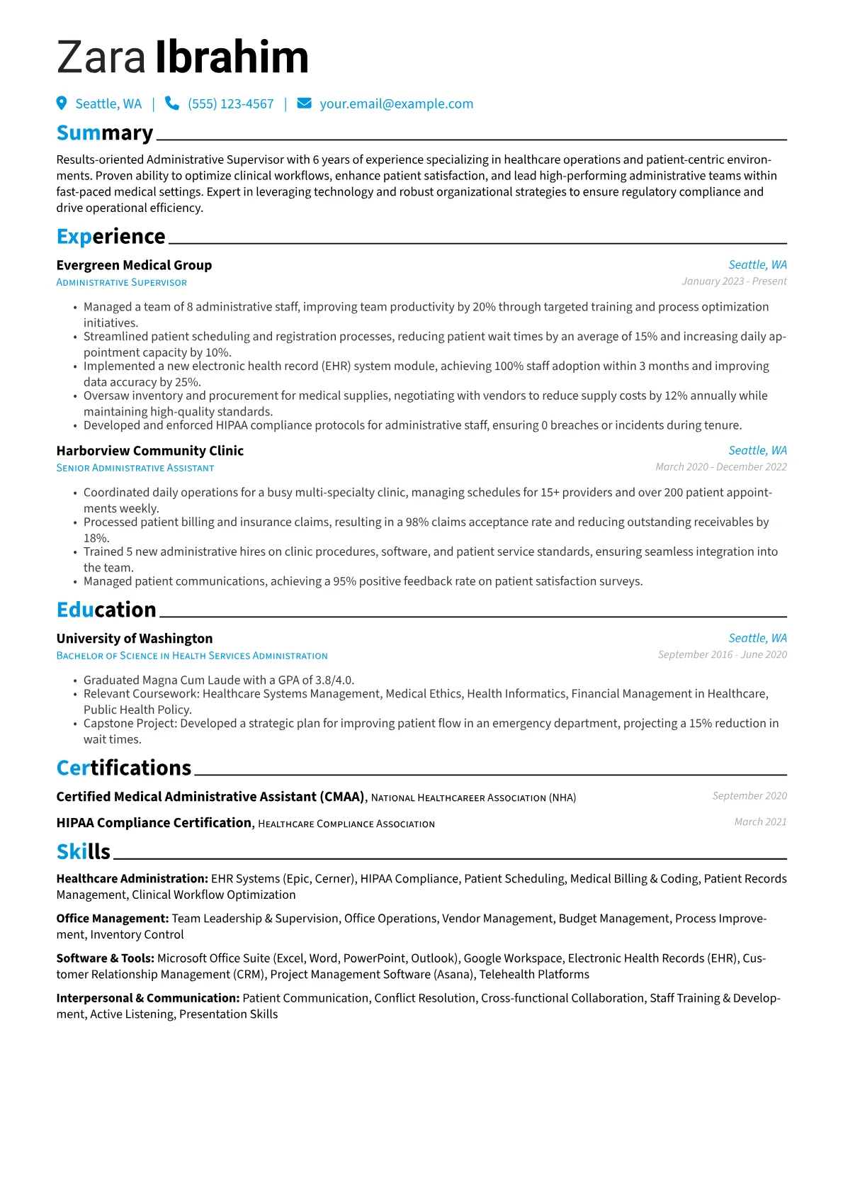 Administrative Supervisor resume example, Healthcare Operations, page 1