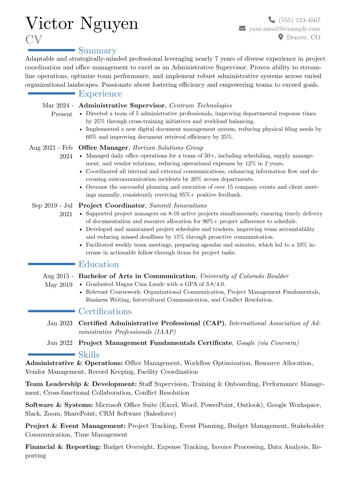 Administrative Supervisor resume example, Career changer, page 1