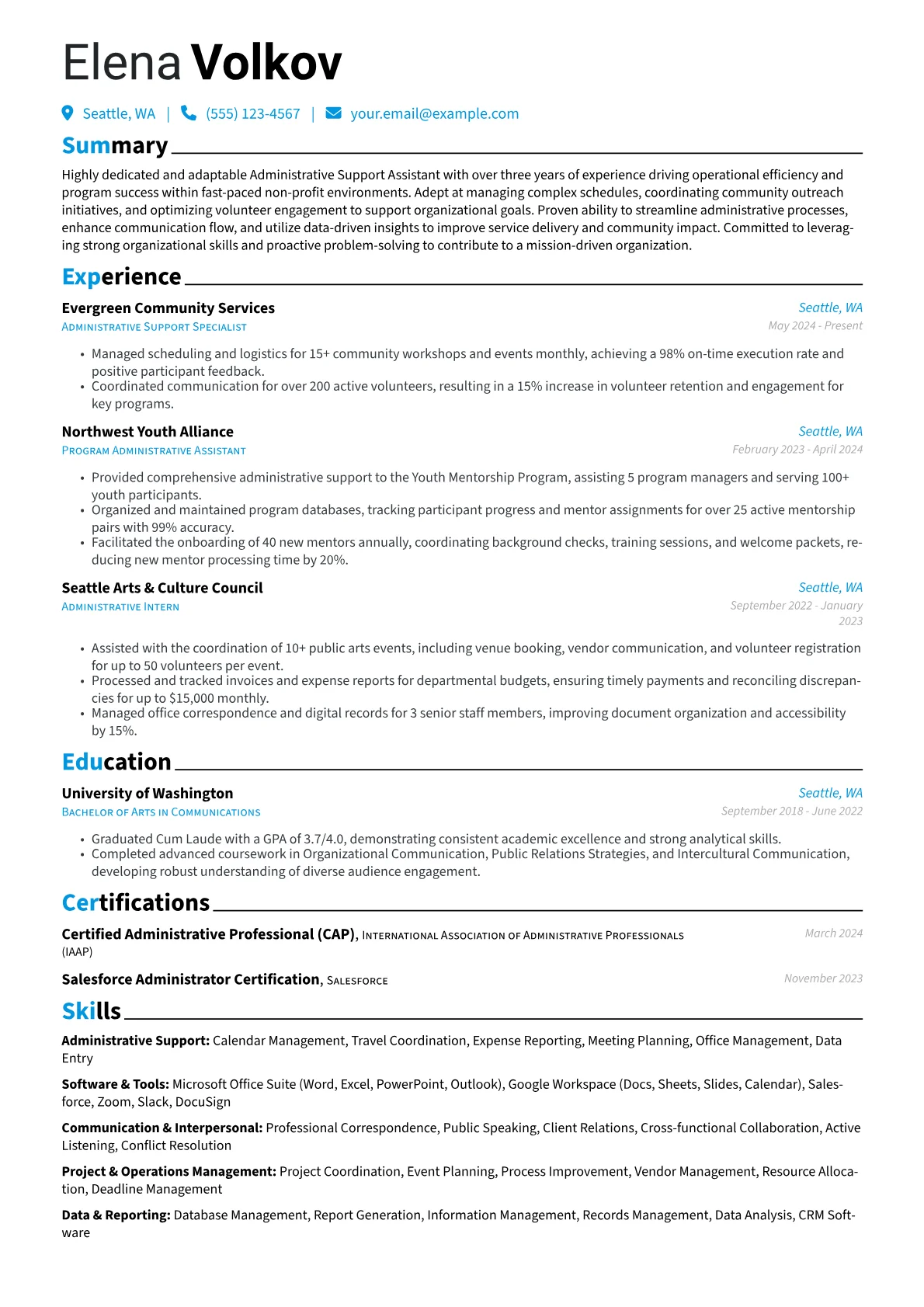 Administrative Support Assistant resume example, Administrative Support, page 1