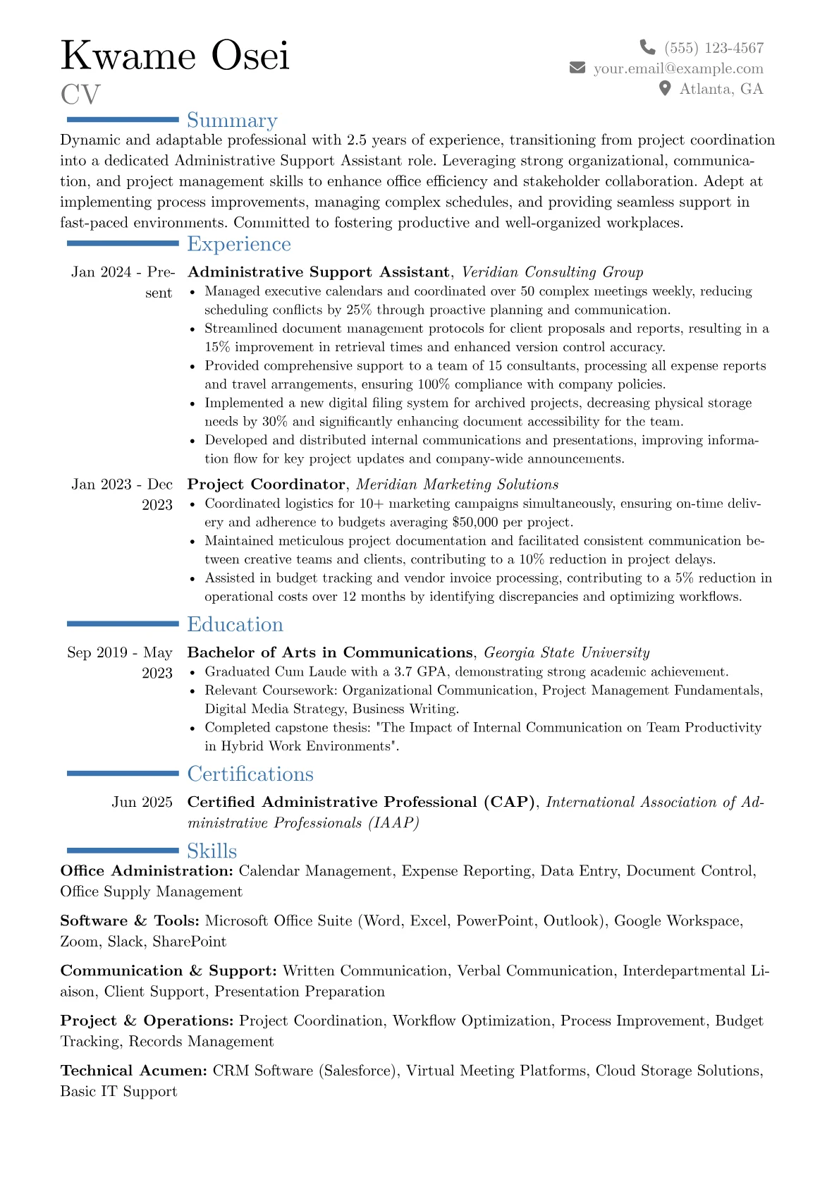 Administrative Support Assistant resume example, Career changer, page 1