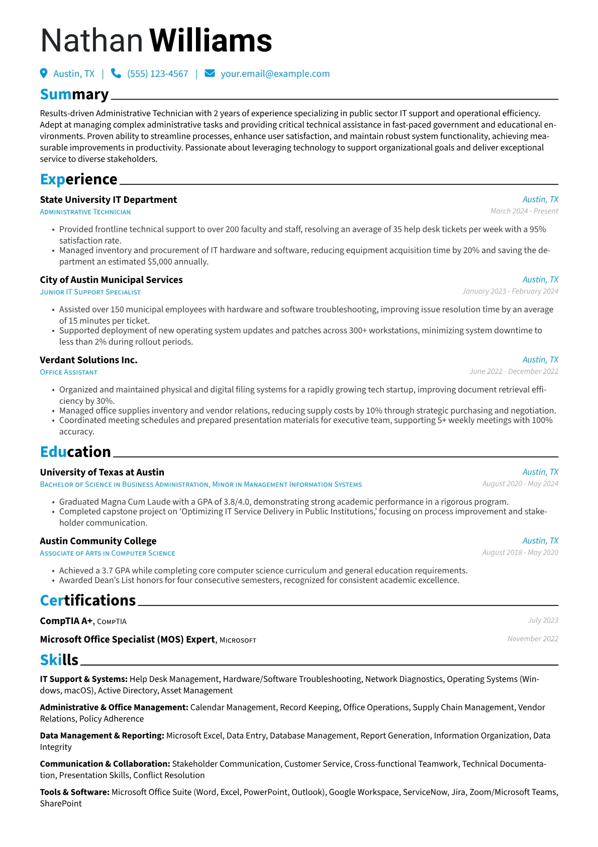 Administrative Technician resume example, Administrative Technician, page 1