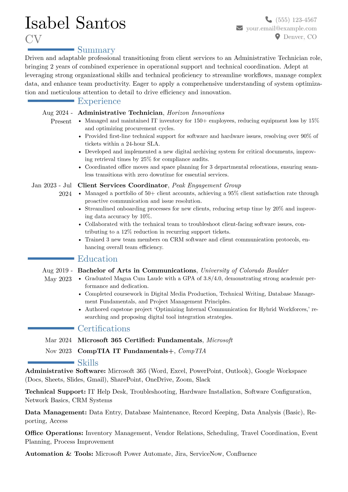 Administrative Technician resume example, Career changer, page 1