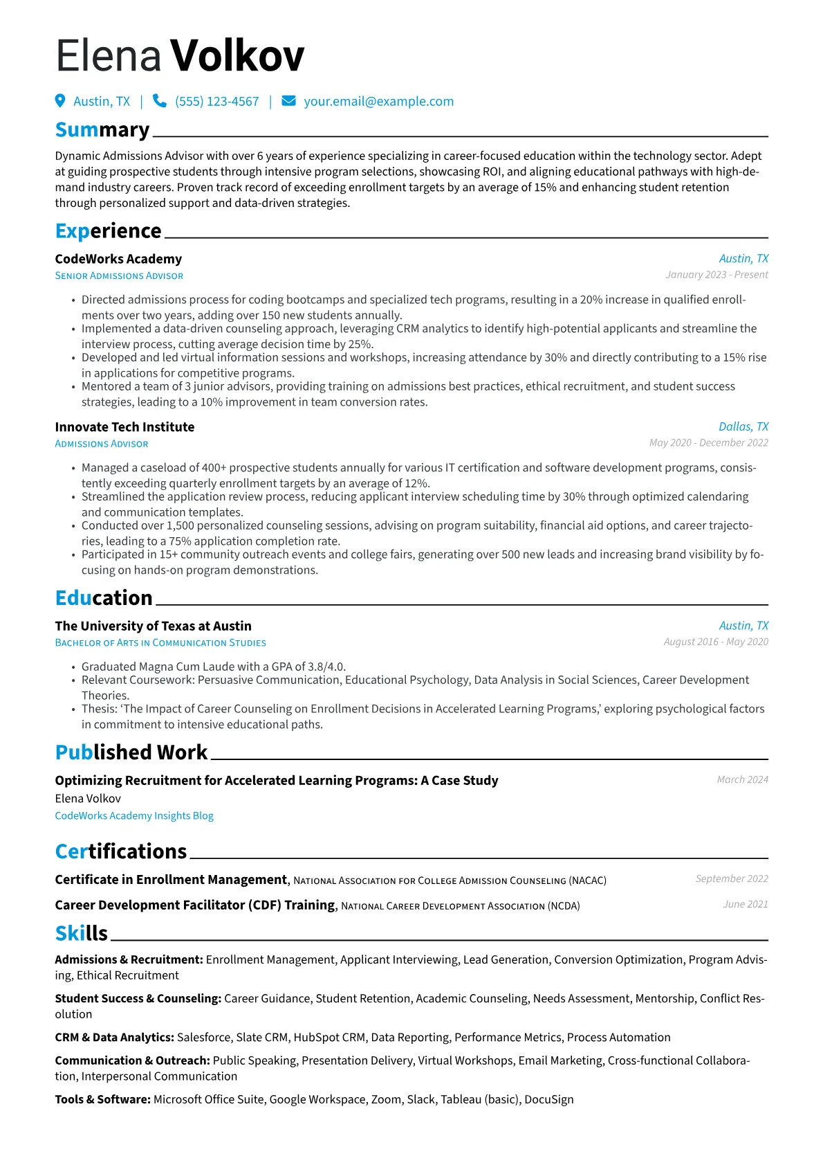 Admissions Advisor resume example, Specialized Tech Academy, page 1