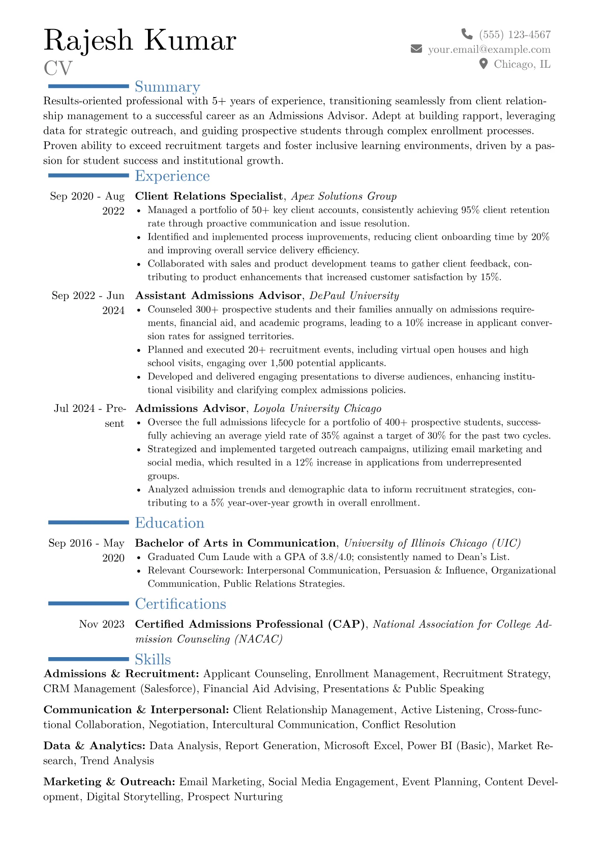 Admissions Advisor resume example, Career changer, page 1