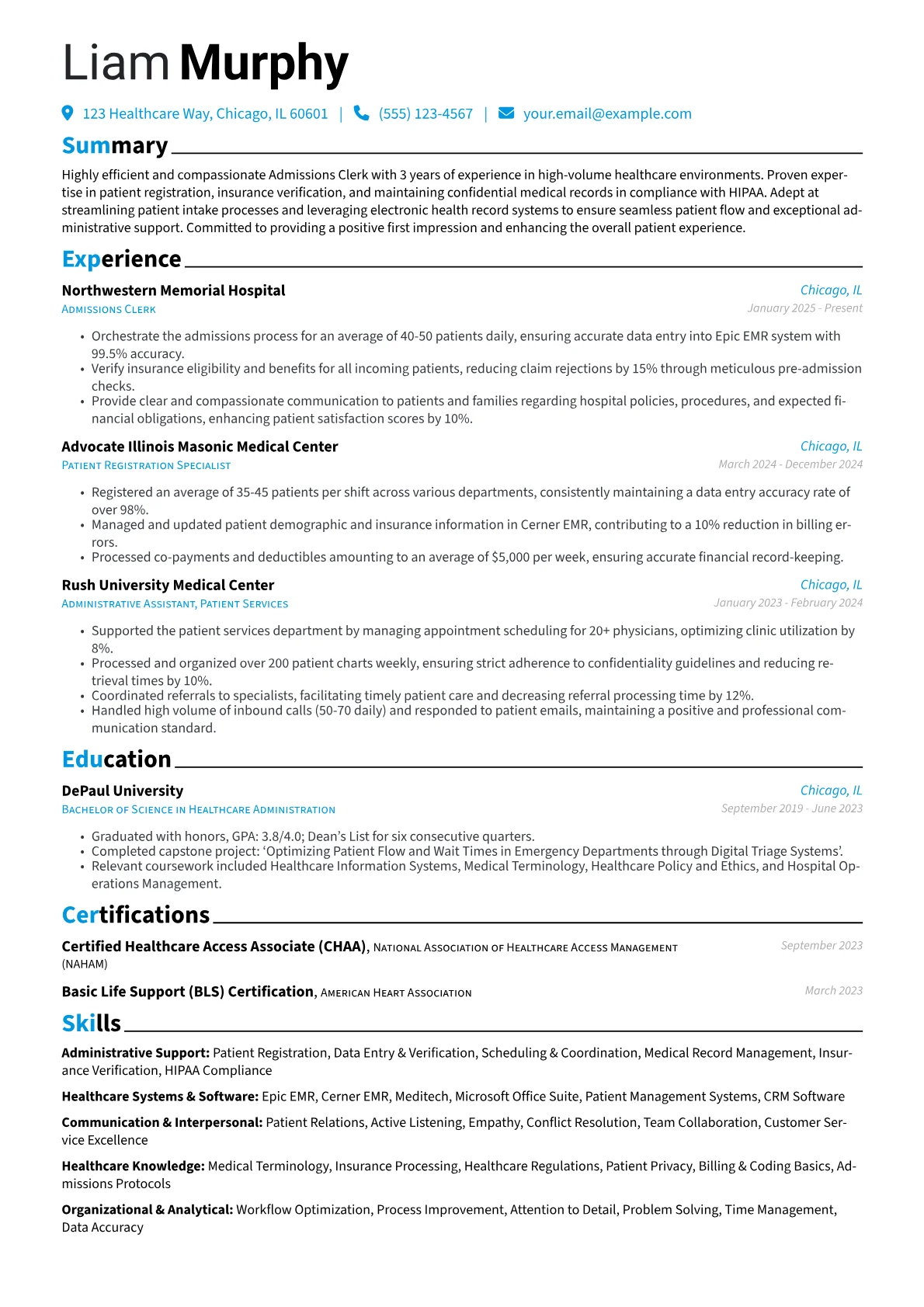 Admissions Clerk resume example, Healthcare Admissions, page 1