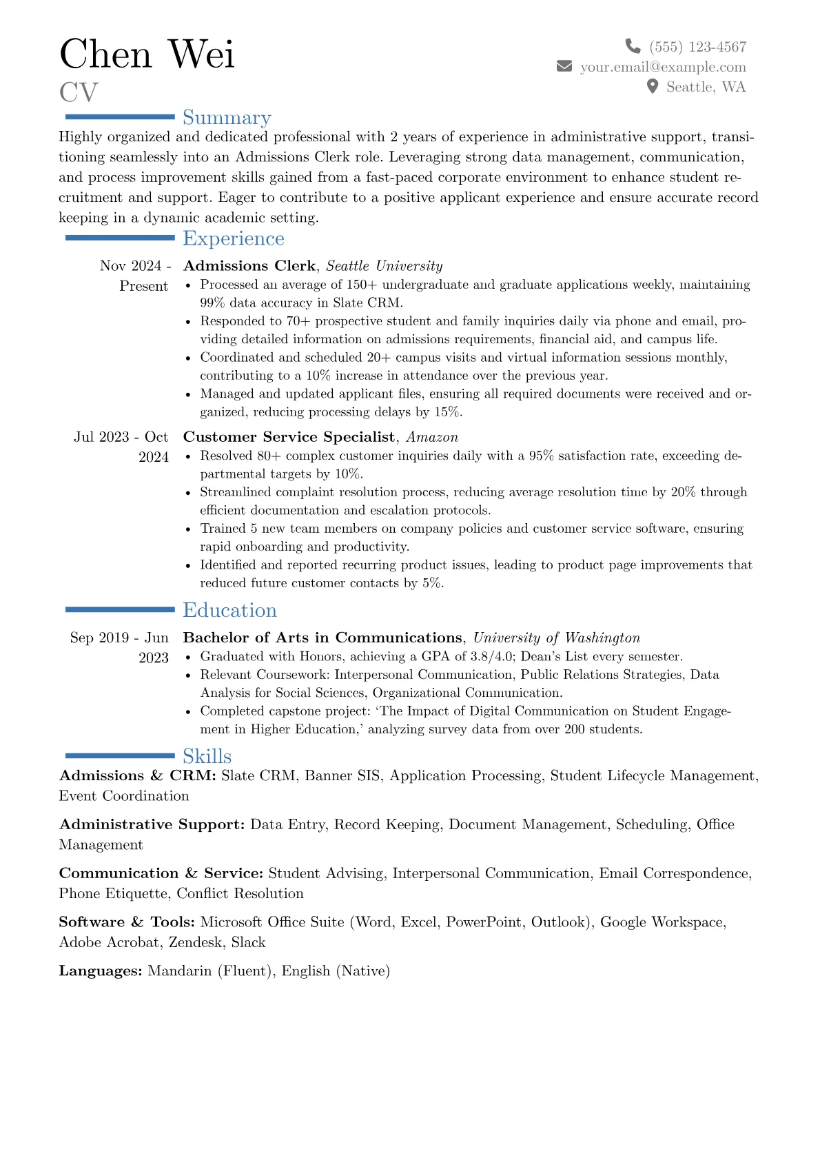 Admissions Clerk resume example, Career changer, page 1