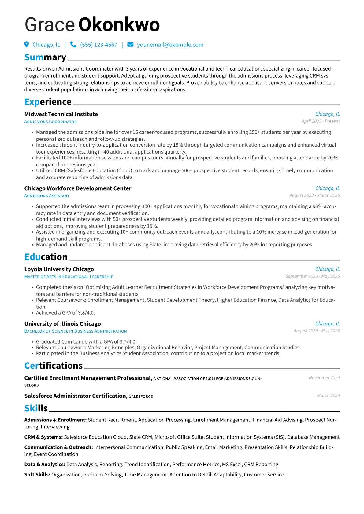 Admissions Coordinator resume example, Admissions Coordinator, page 1