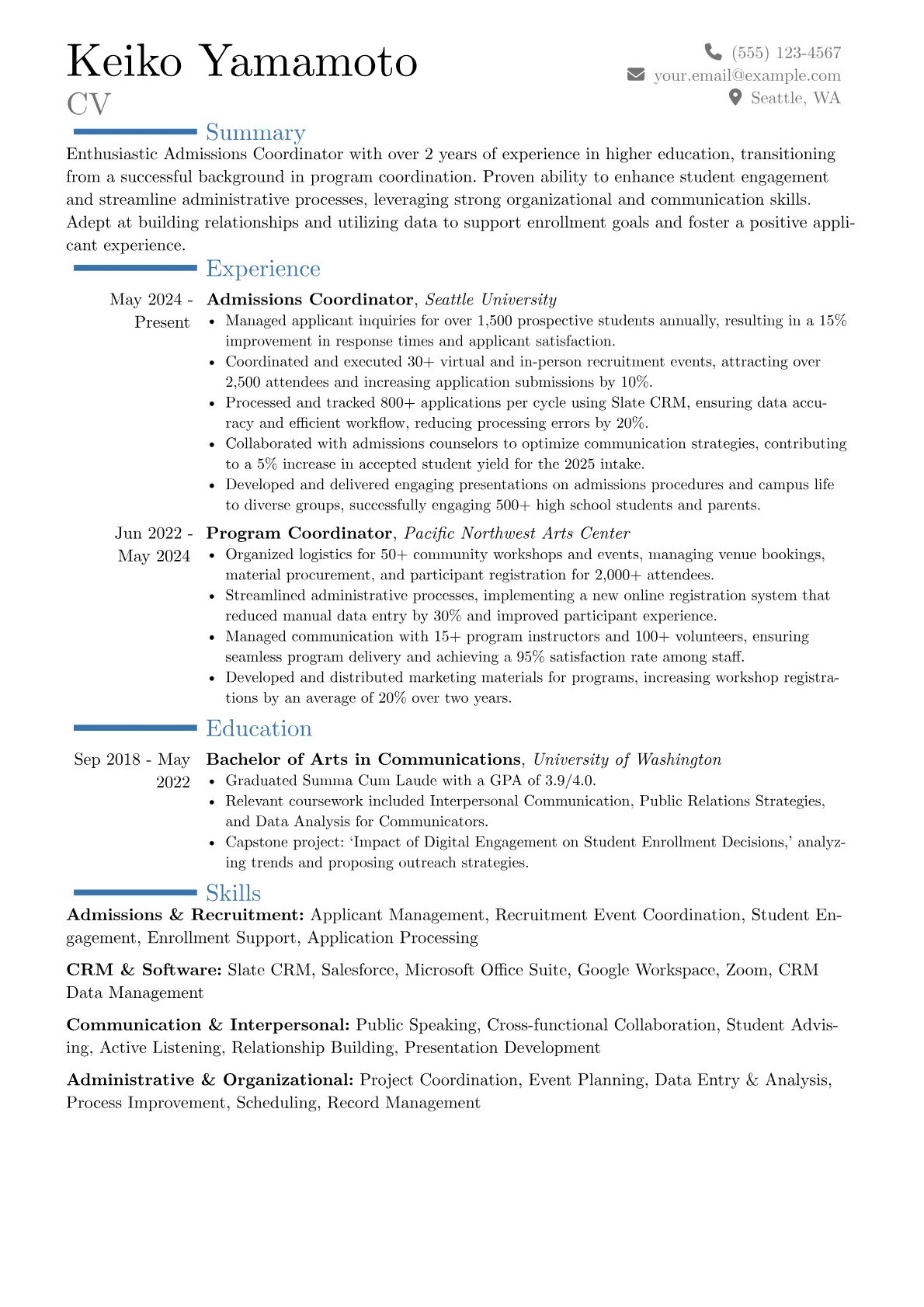 Admissions Coordinator resume example, Career changer, page 1