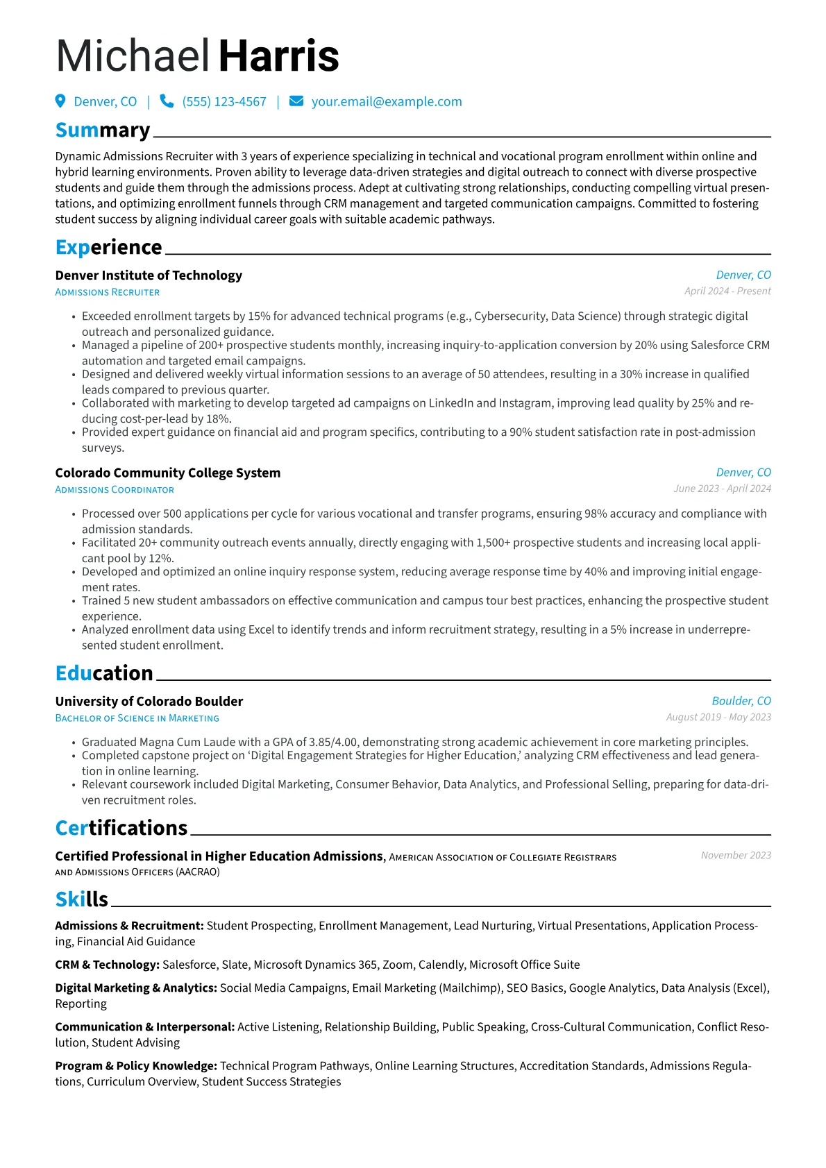 Admissions Recruiter resume example, Admissions Recruiter, page 1
