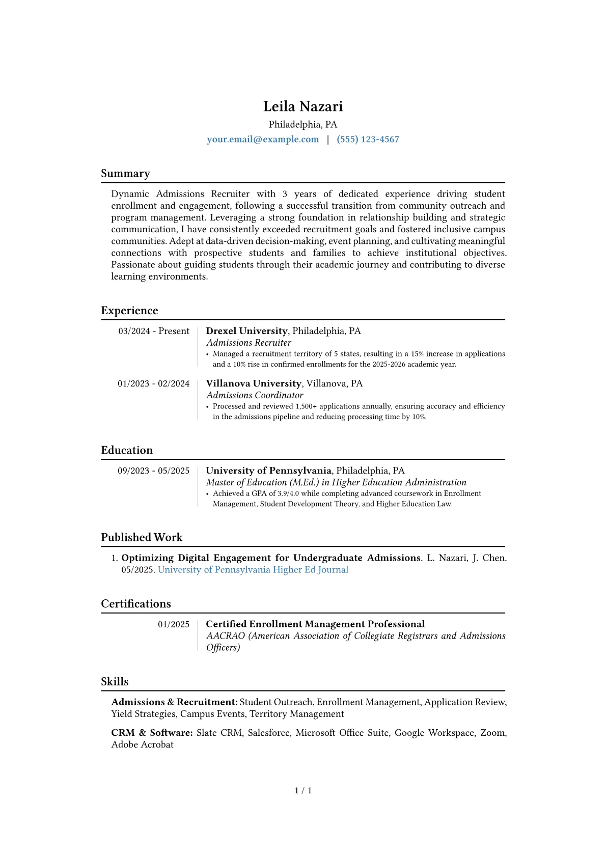 Admissions Recruiter resume example, Career changer, page 1