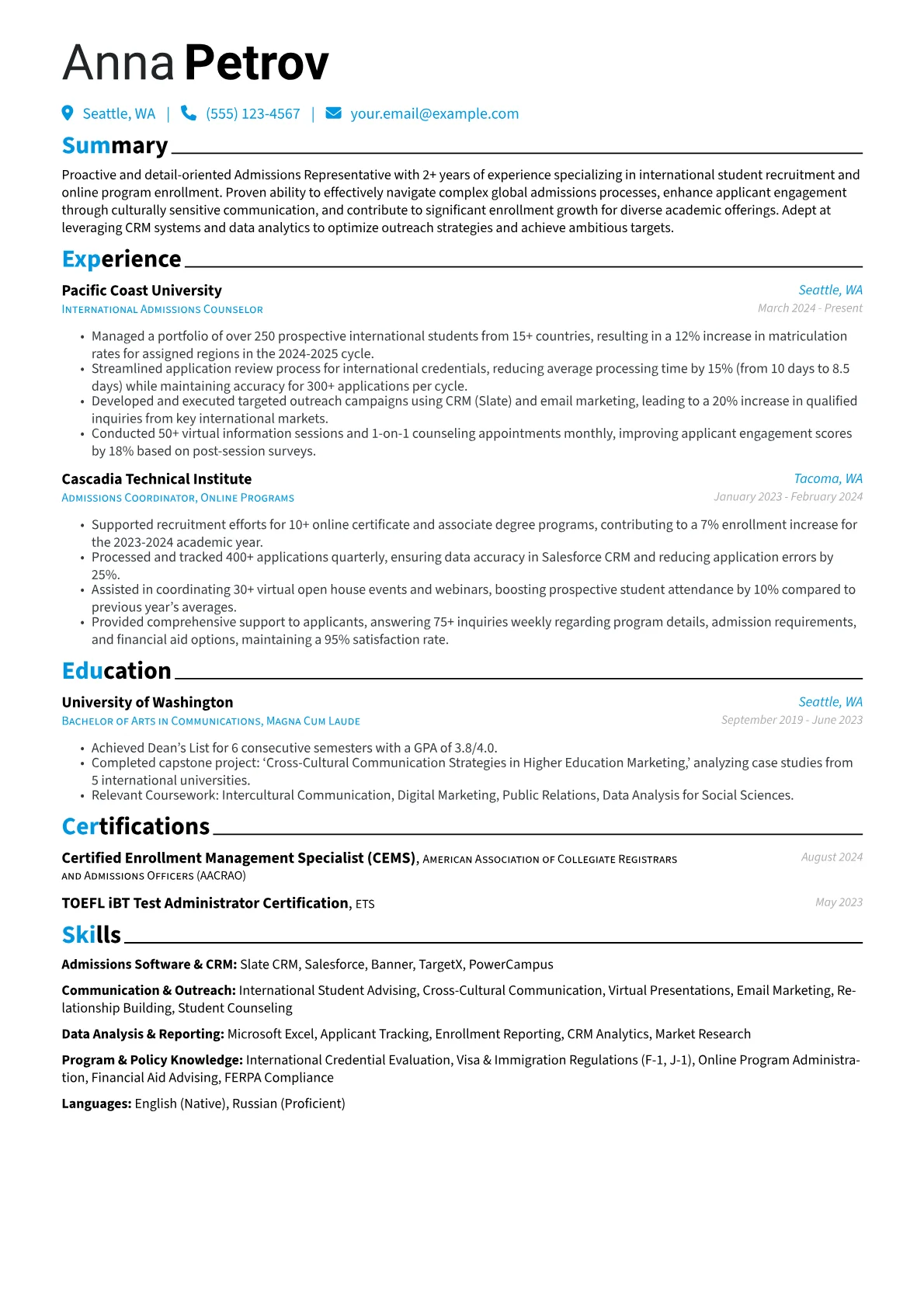 Admissions Representative resume example, International Admissions, page 1