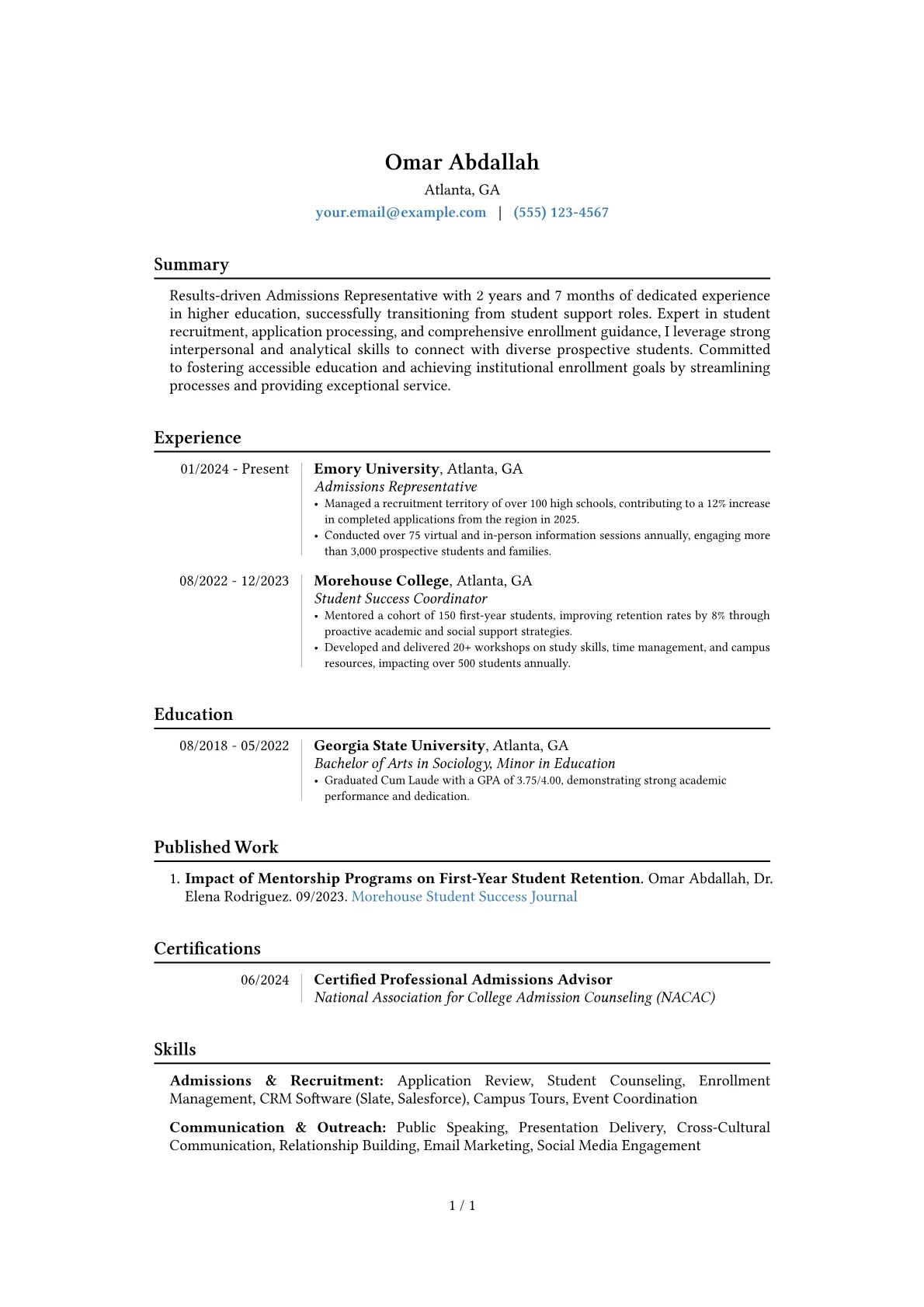 Admissions Representative resume example, Career changer, page 1