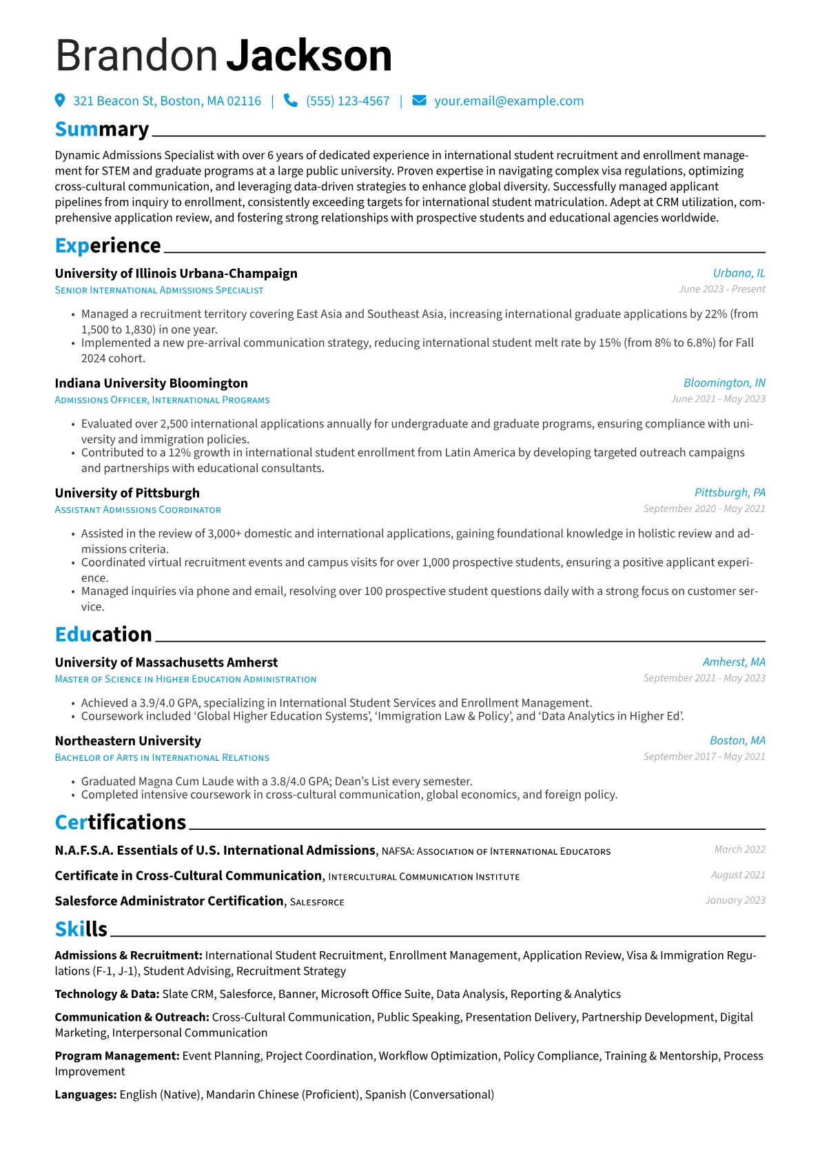 Admissions Specialist resume example, Admissions Specialist, page 1