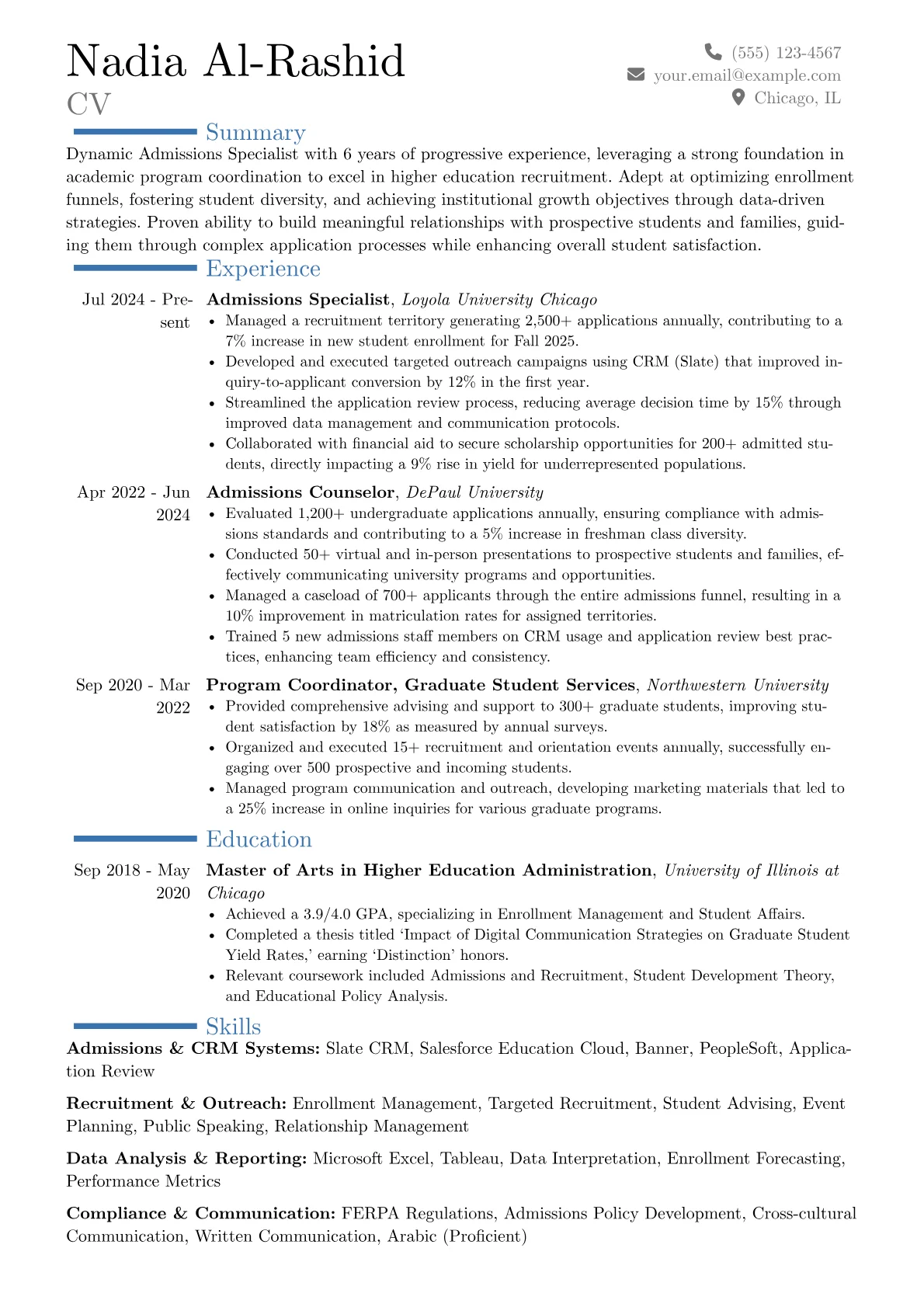 Admissions Specialist resume example, Career changer, page 1