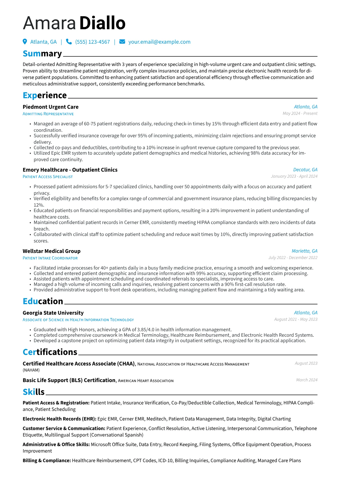 Admitting Representative resume example, Admitting Representative, page 1