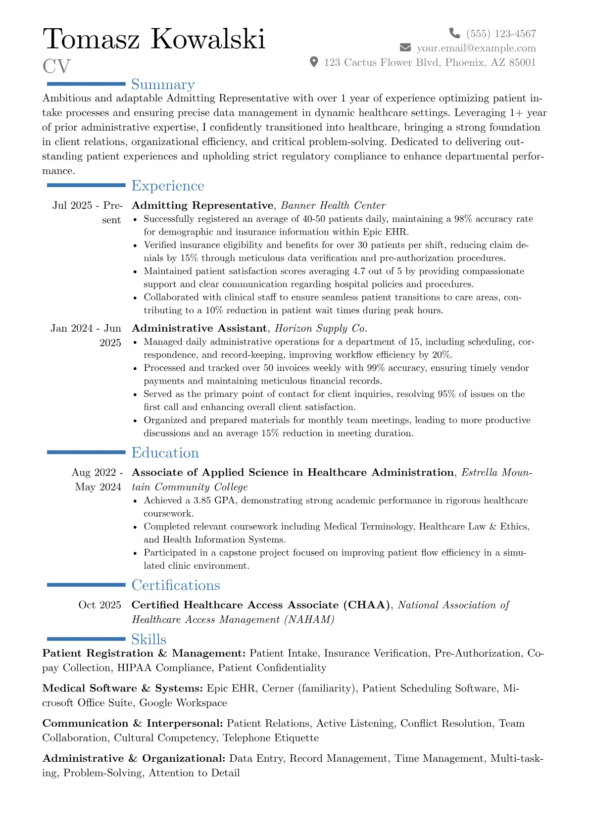 Admitting Representative resume example, Career changer, page 1
