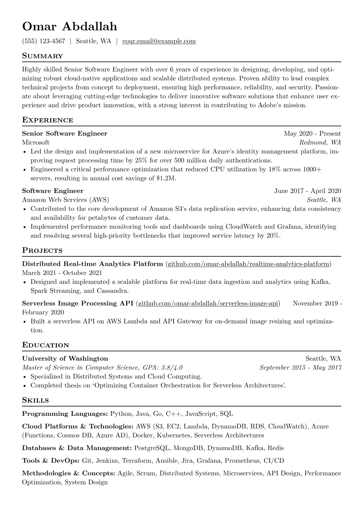 Adobe resume example, Software Engineer, page 1