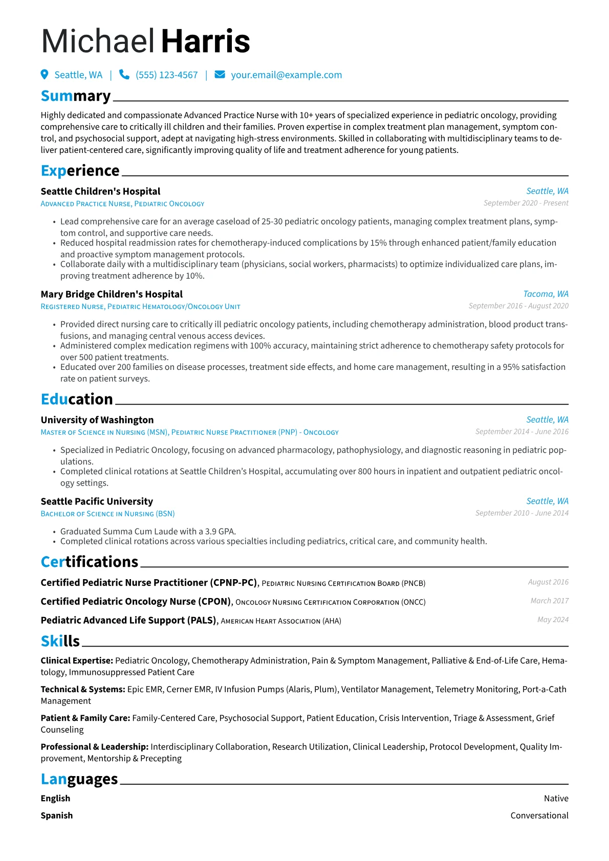 Advanced Practice Nurse resume example, Clinical Expertise, page 1