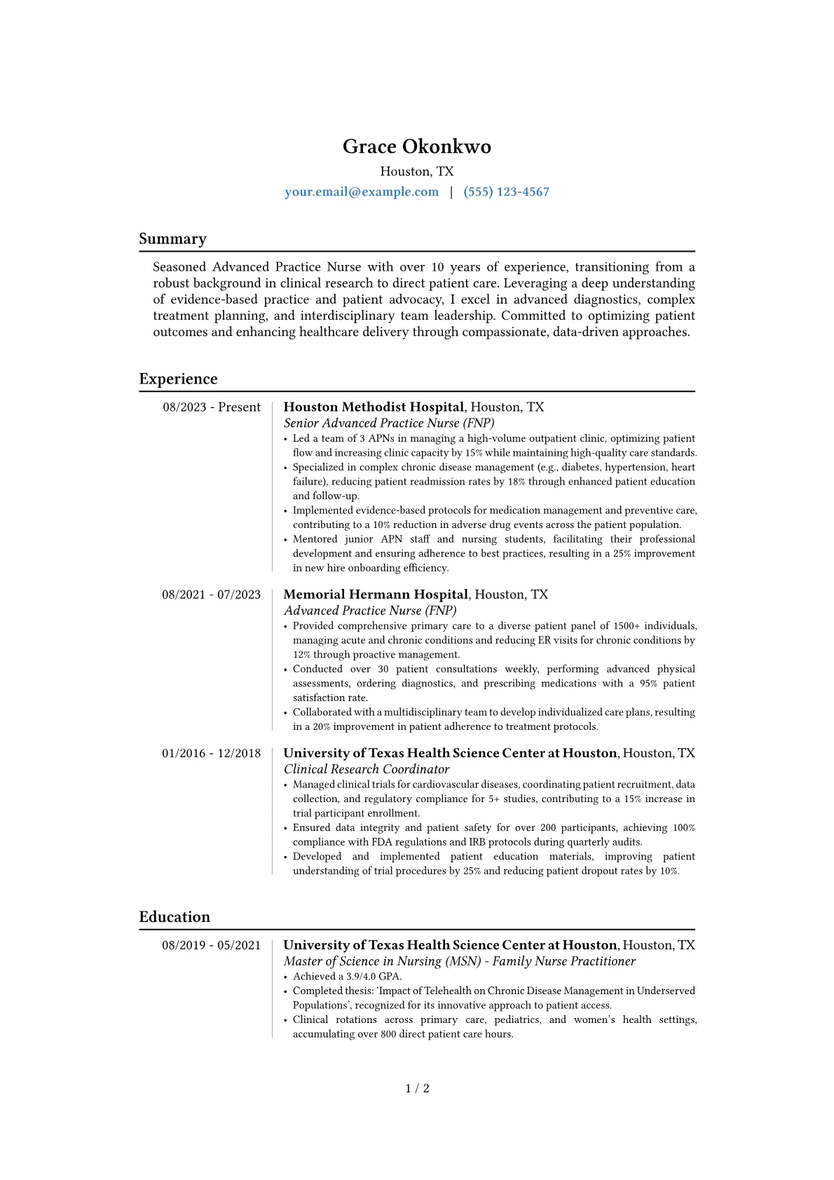 Advanced Practice Nurse resume example, Career changer, page 1
