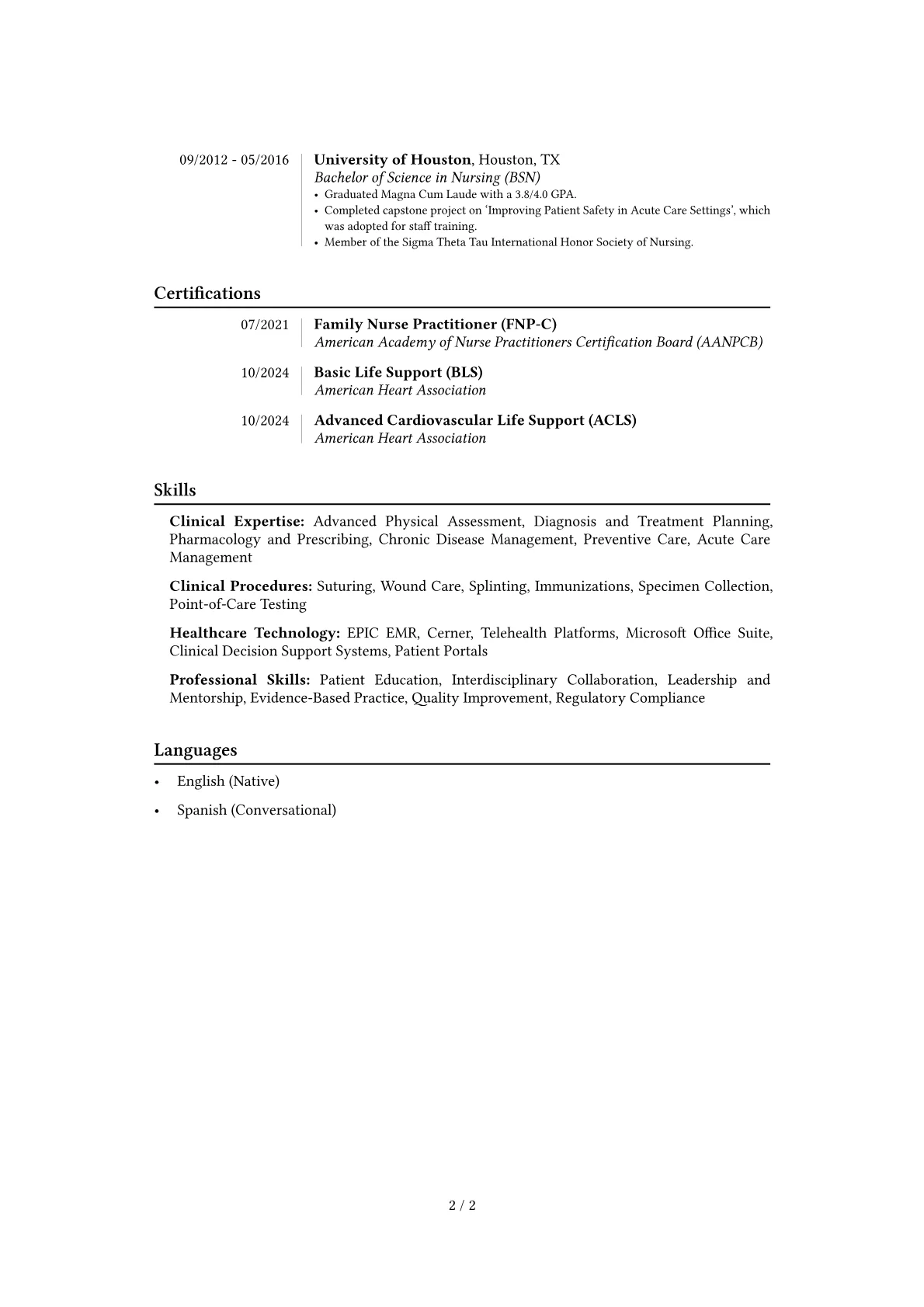 Advanced Practice Nurse resume example, Career changer, page 2